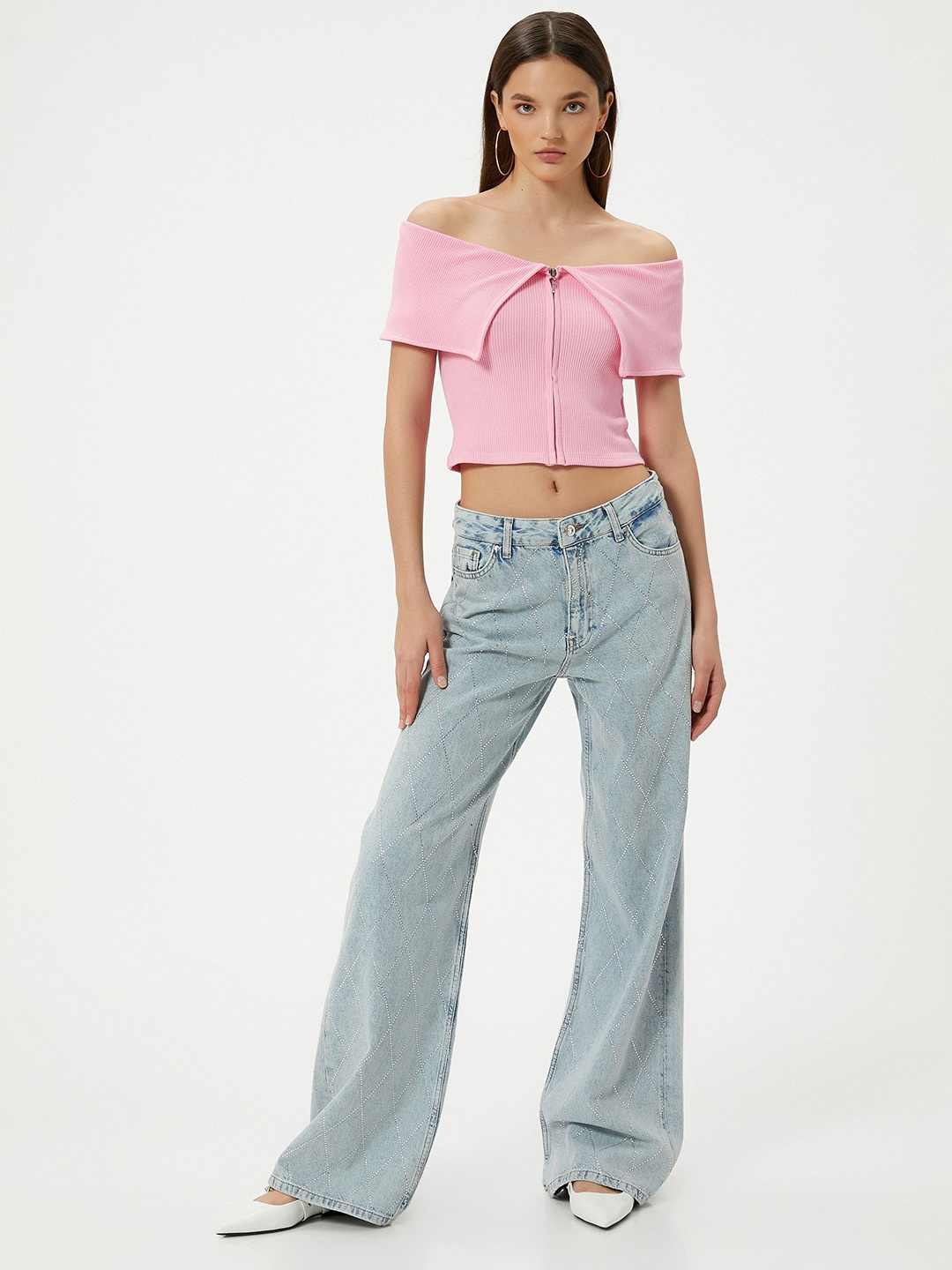 

Koton Women Solid Bardot Crop Top, Pink