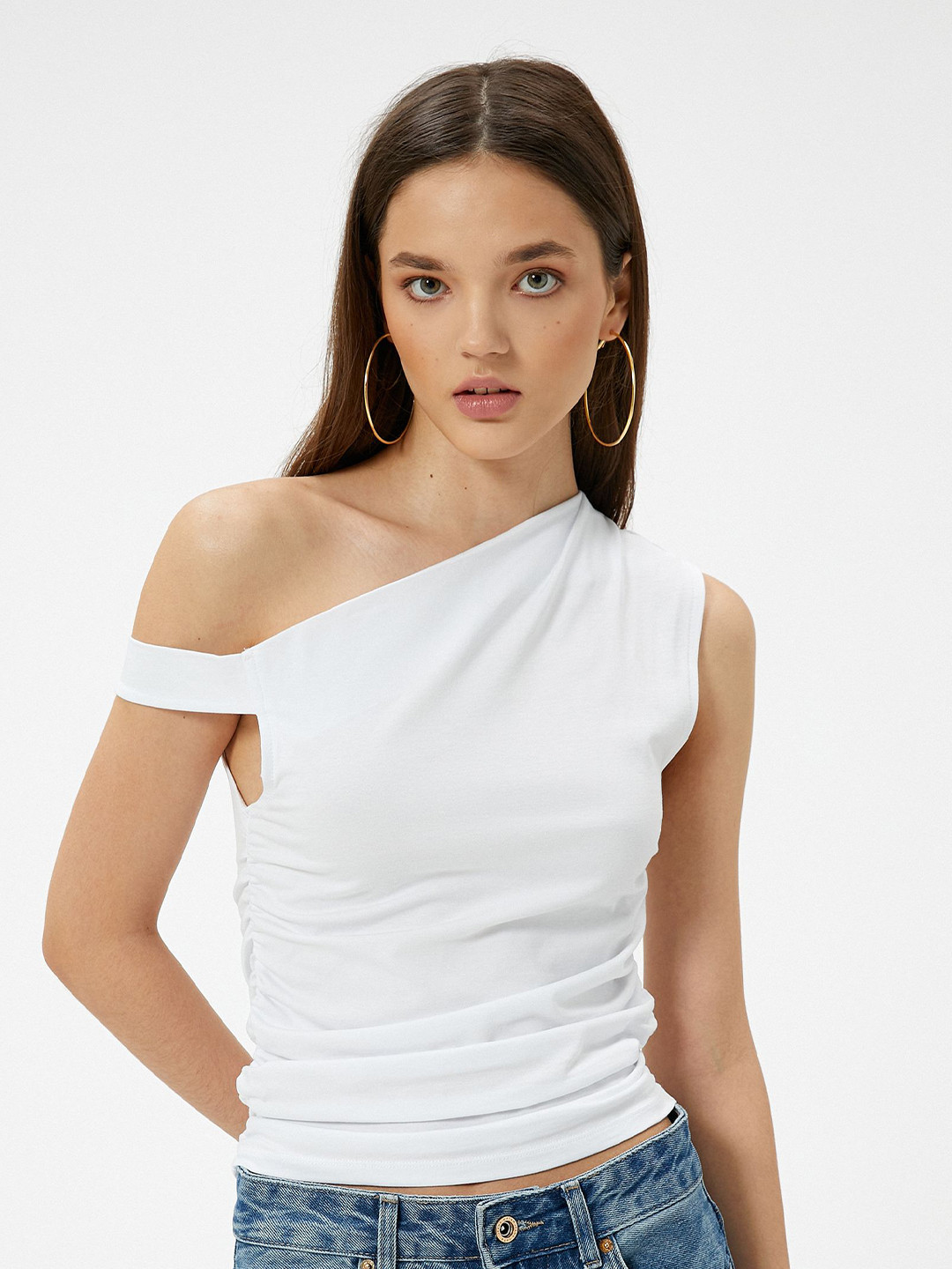 

Koton Women One-Shoulder Ruched Crop Top, White