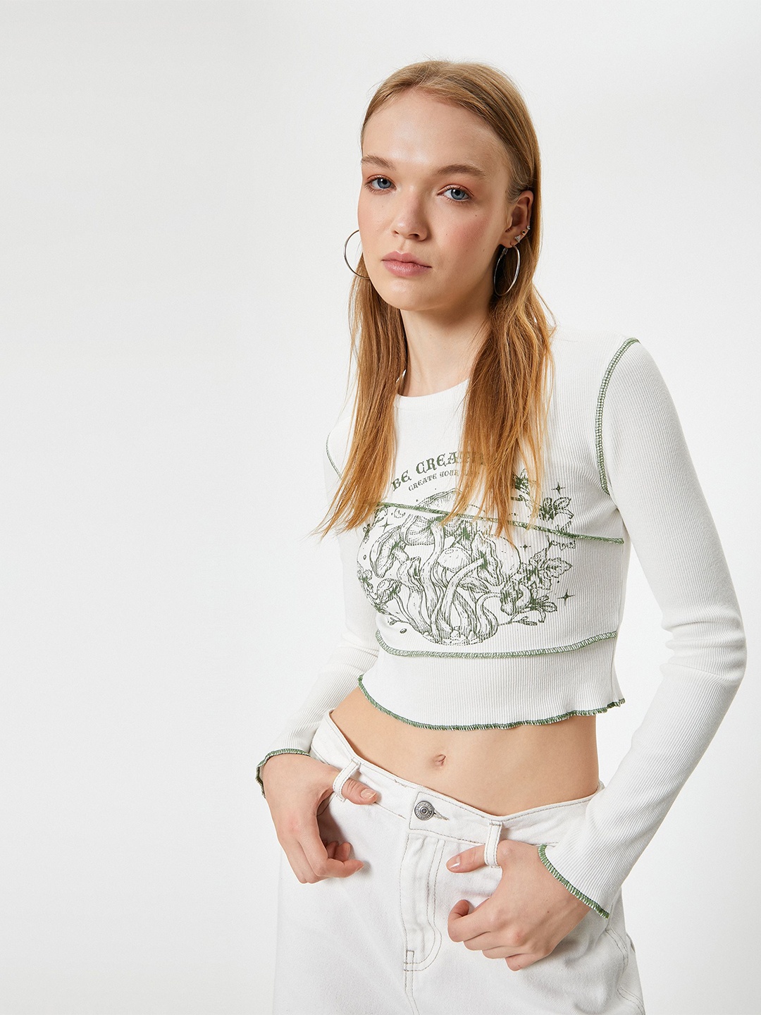 

Koton Women Floral Printed Round Neck Crop Top, Off white