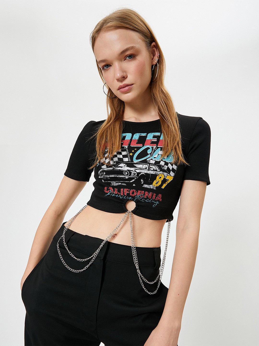 

Koton Women Graphic Printed Round Neck Cut Out Crop Top, Black