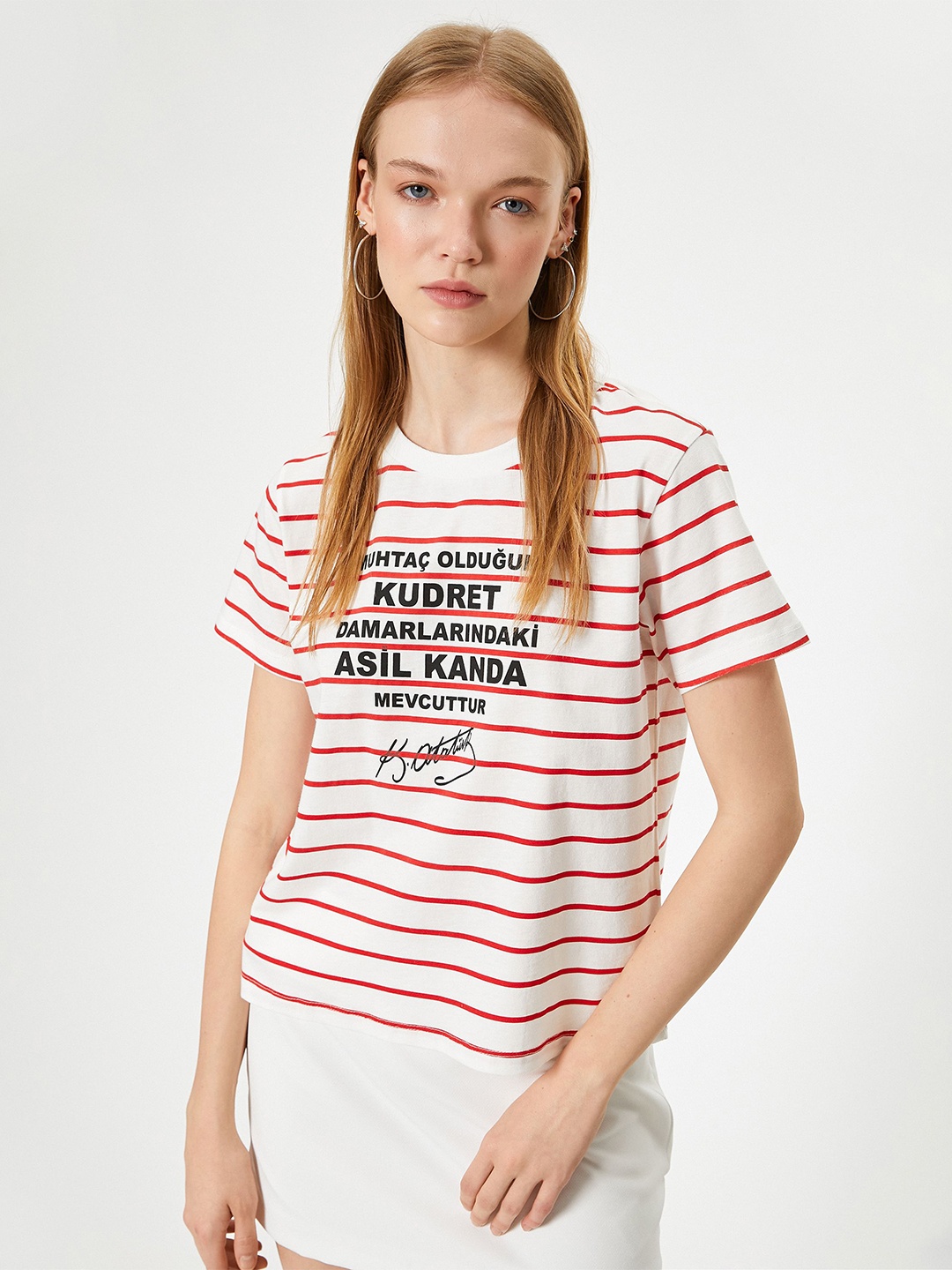 Koton Women Striped Round Neck T-shirt, White