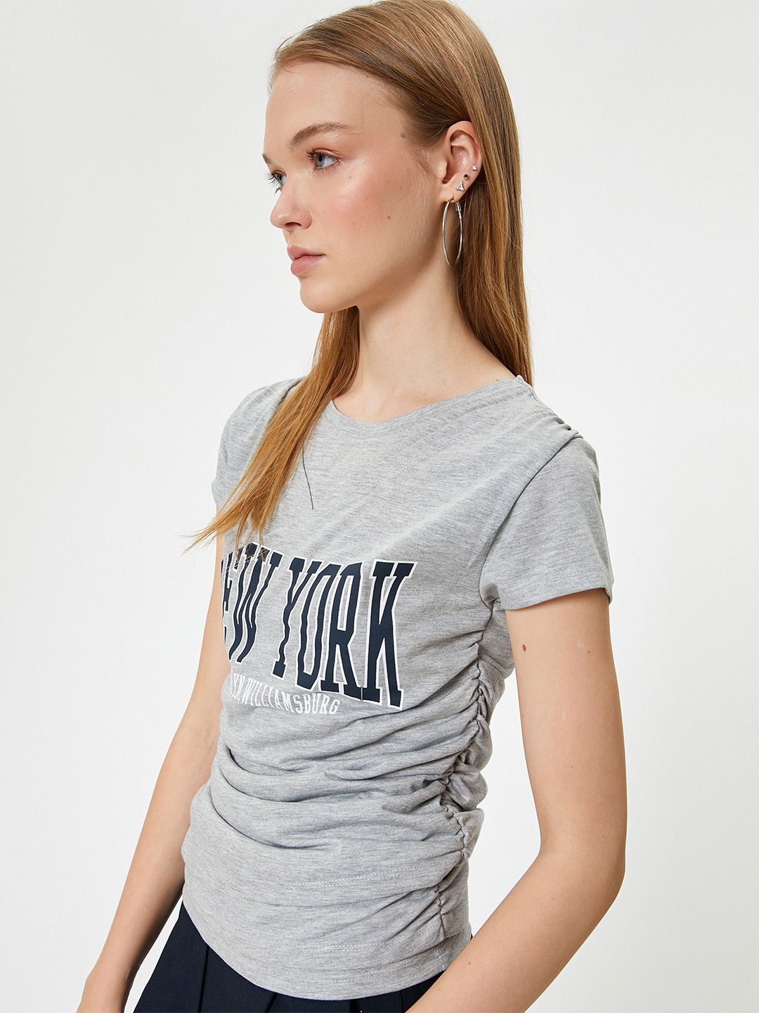 Koton Women Typography Printed Round Neck T-shirt, Grey