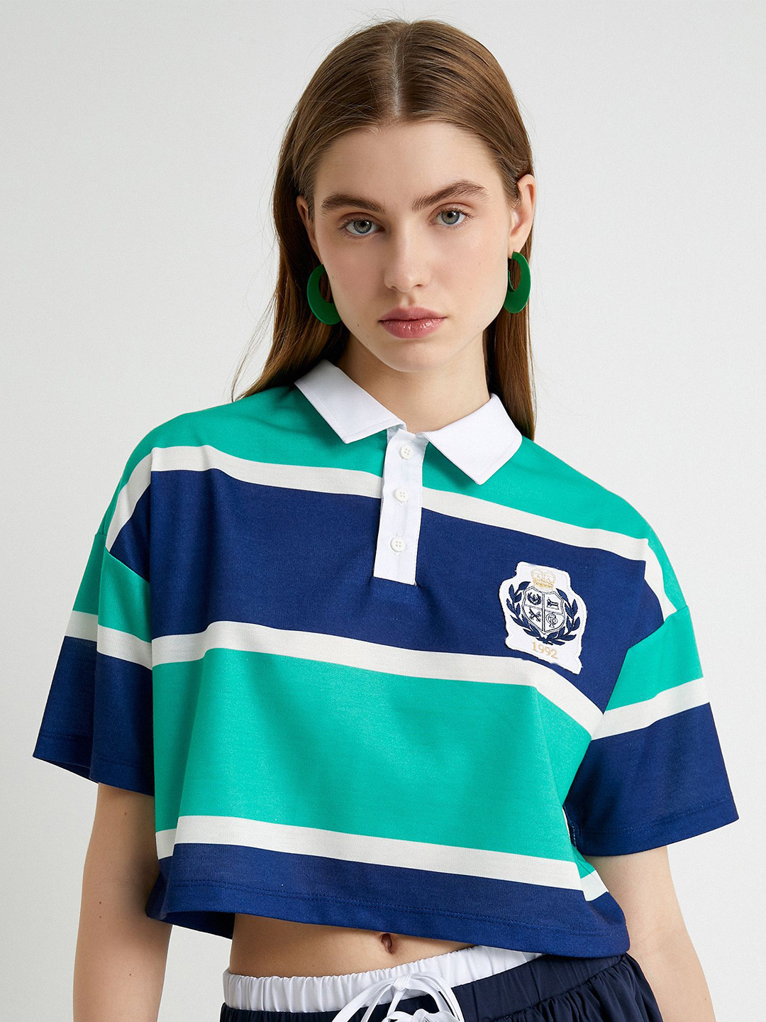 

Koton Women Colourblocked Polo Collar Applique T-shirt, Green