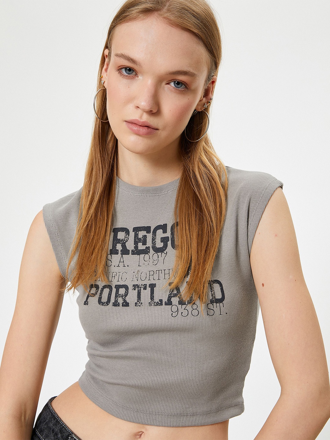 Koton Women Typography Printed Round Neck T-shirt, Grey