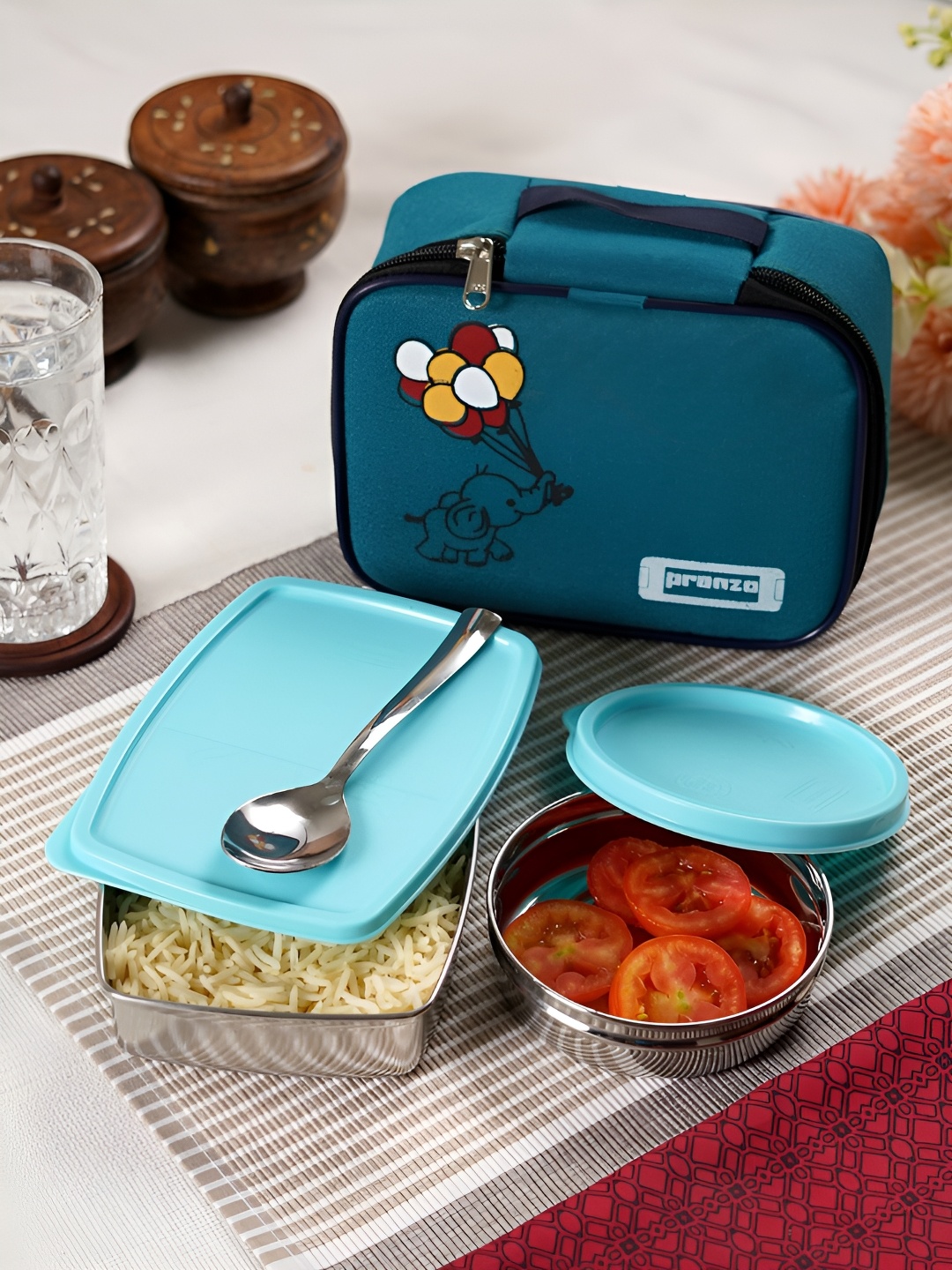 

Aura Blue Stainless Steel Dishwasher Safe Lunch Box Set With Tiffen Bowl Spoon