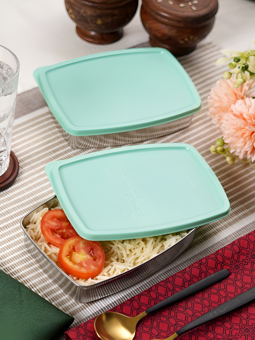 

Aura Green & Silver-Toned 2Pieces Stainless Steel Lunch Boxes 400ml Each