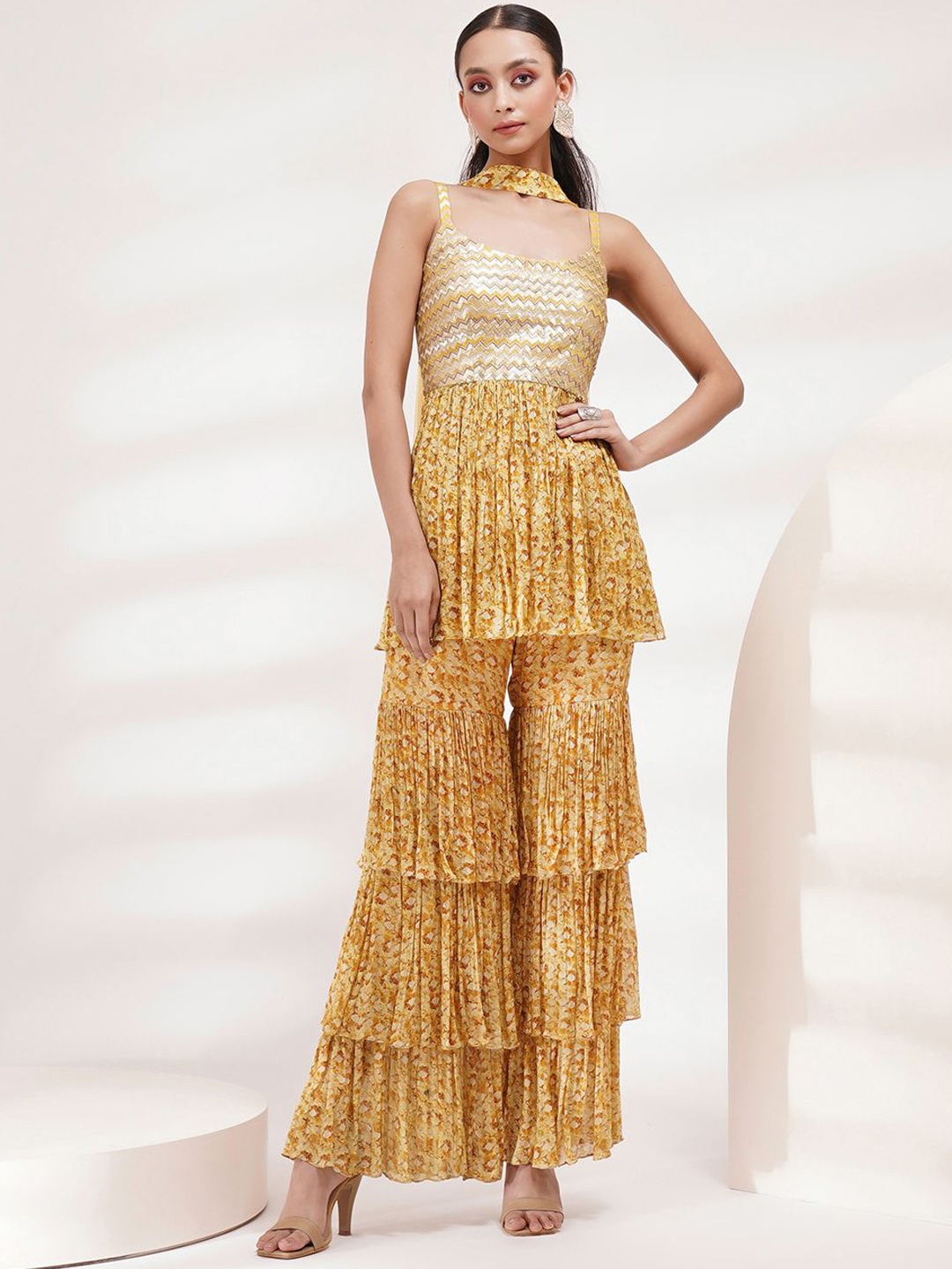 

Breathe by Aakanksha Singh Abstract Sequinned Chanderi Silk Kurti with Sharara & Dupatta, Yellow