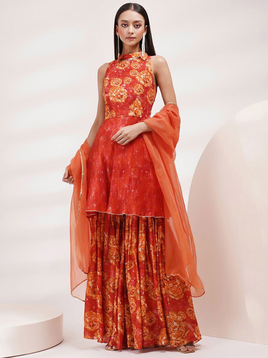 

Breathe by Aakanksha Singh Floral Printed Round Neck A-Line Kurti with Sharara & Dupatta, Coral