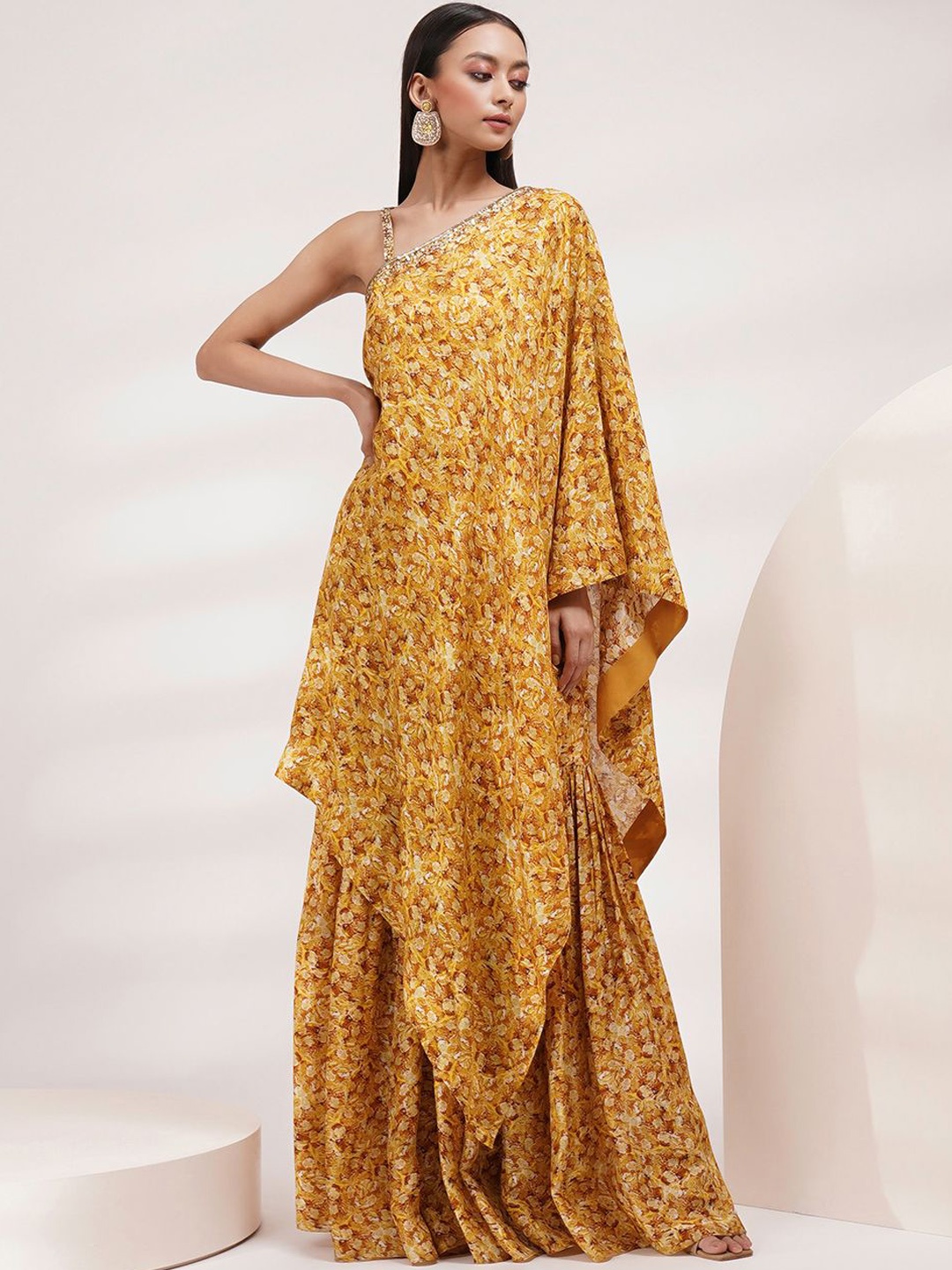 

Breathe by Aakanksha Singh Floral Printed Regular Asymmetric A-line Kurta With Sharara, Mustard