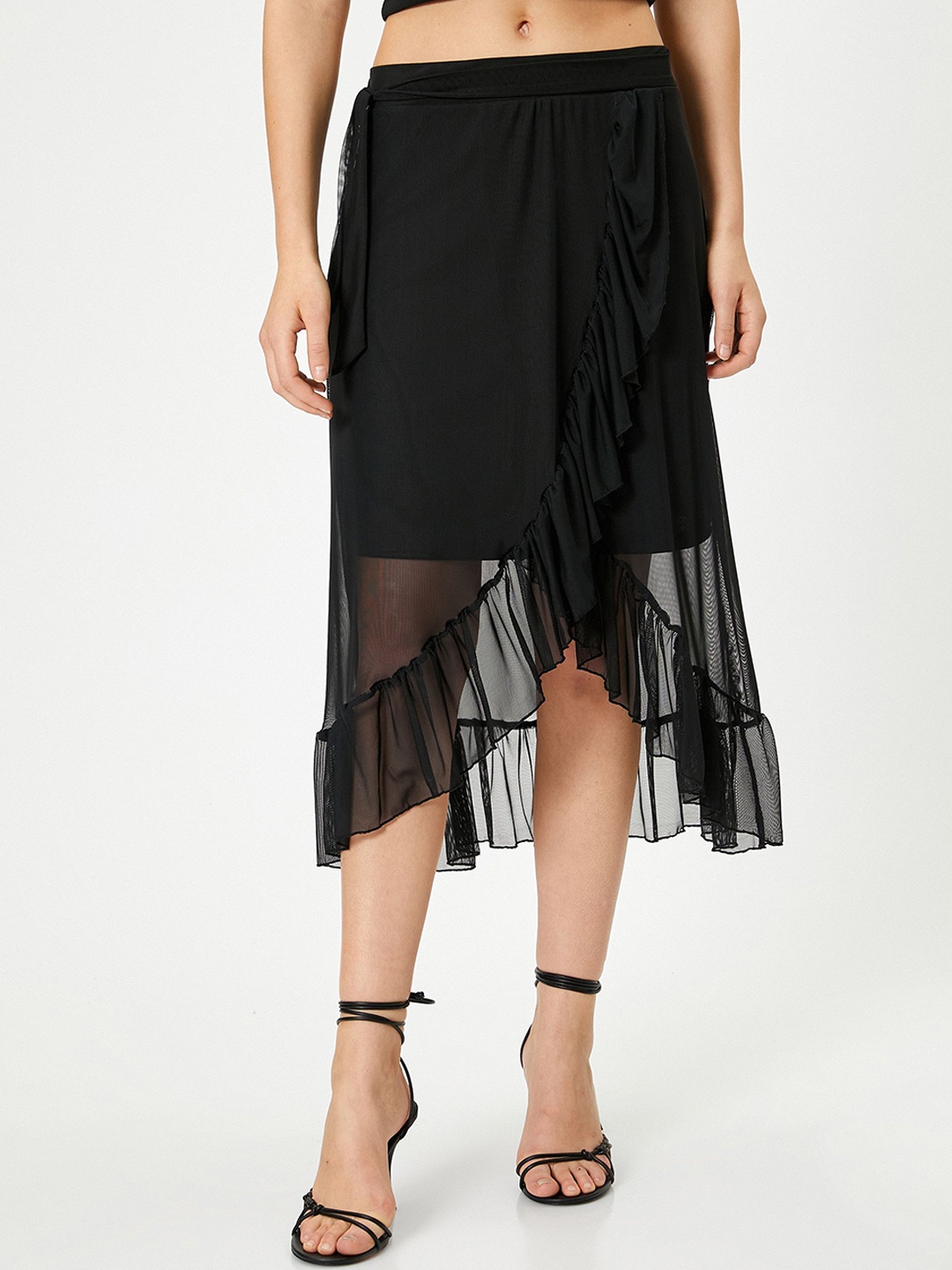 

Koton Solid Ruffle Midi Wrap Skirt, Black