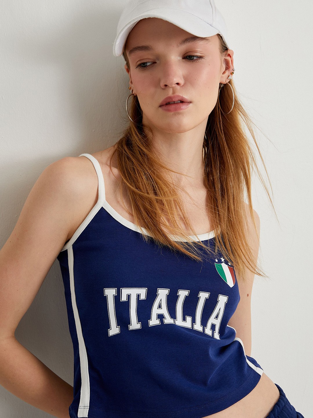 

Koton Typography Printed Shoulder Straps Cotton Crop Top, Navy blue