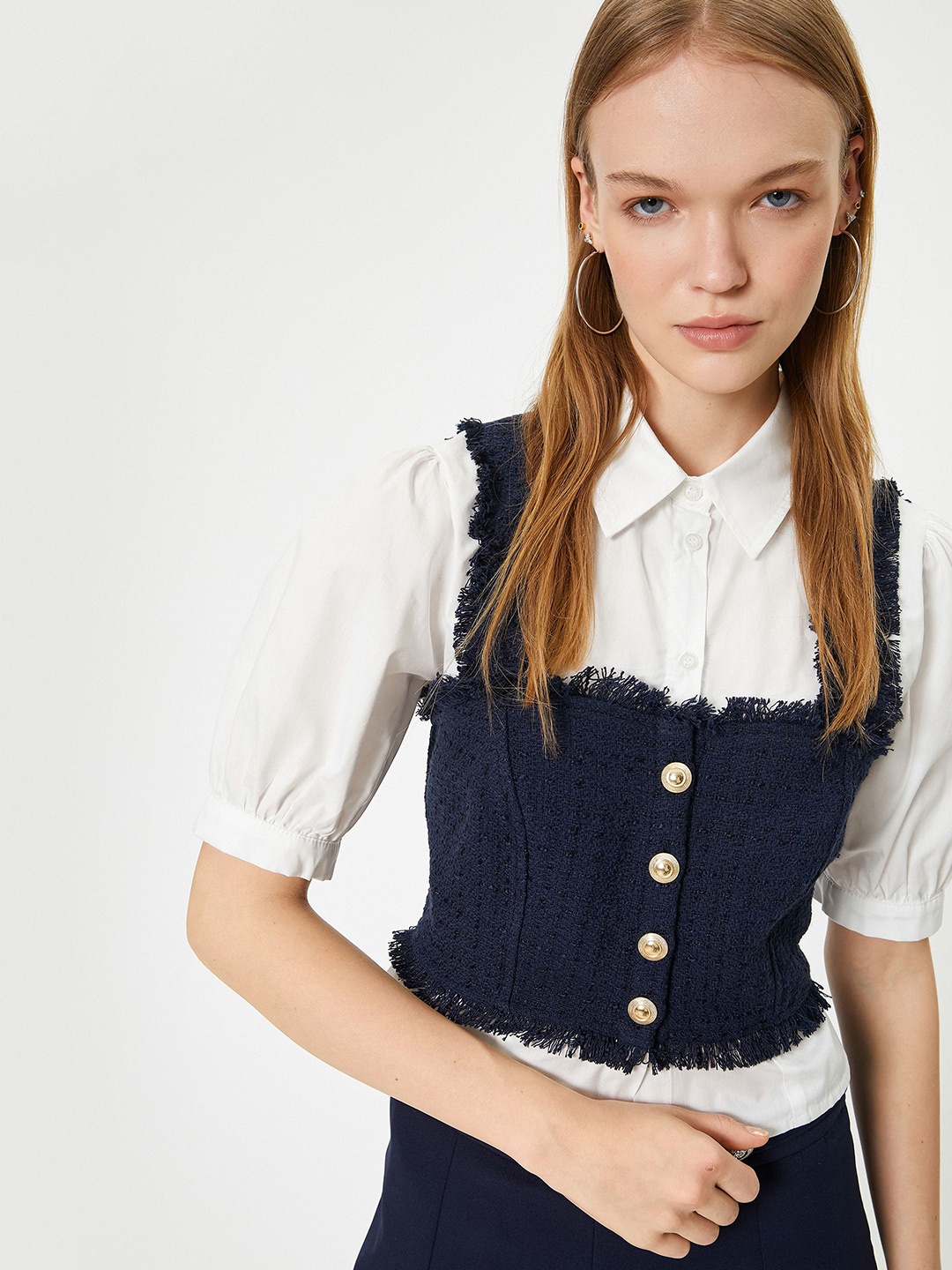 

Koton Cotton Solid Shirt Style Crop Top, Navy blue