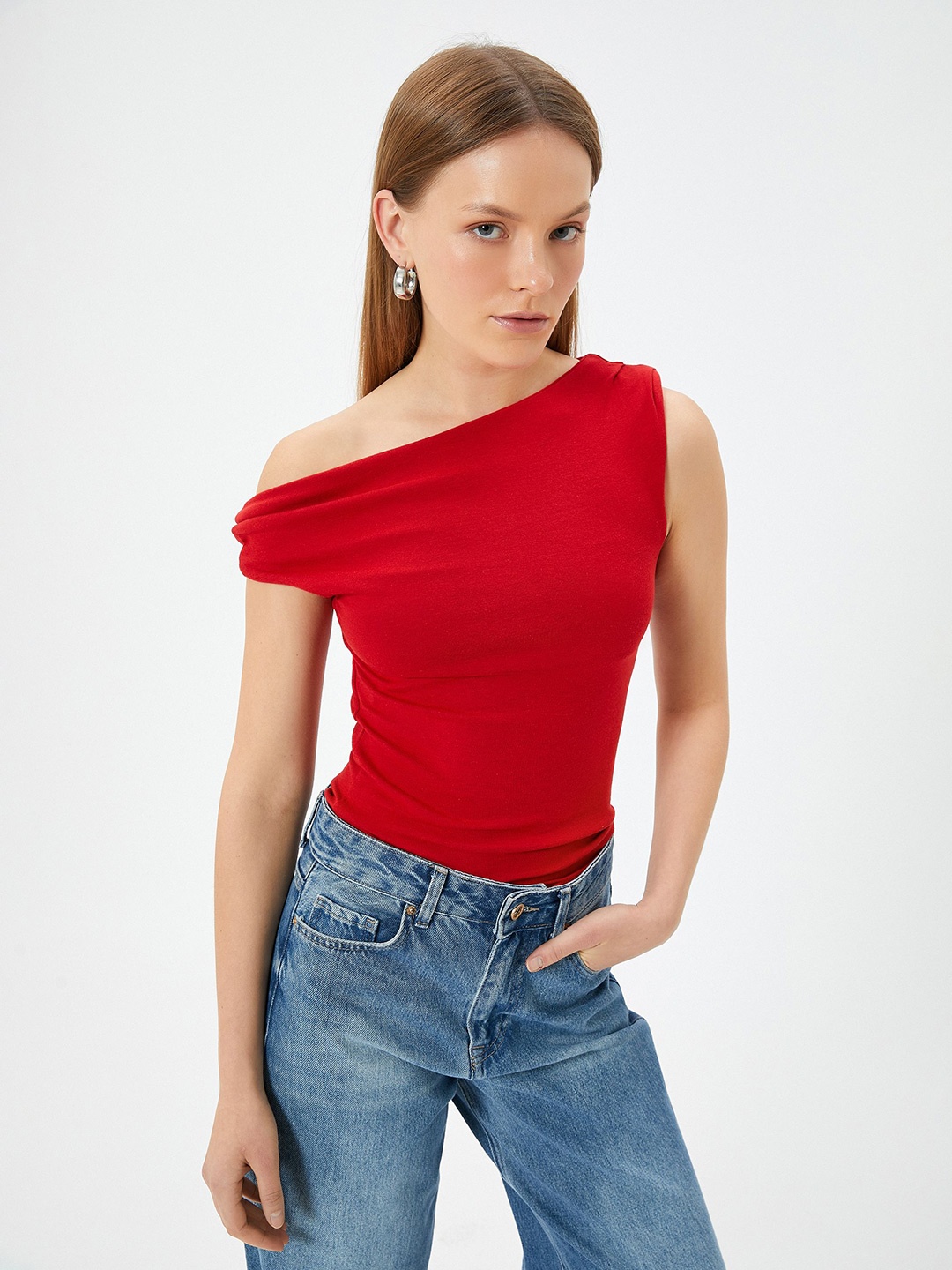 

Koton One Shoulder Solid Cherry Red Sleeveless Top