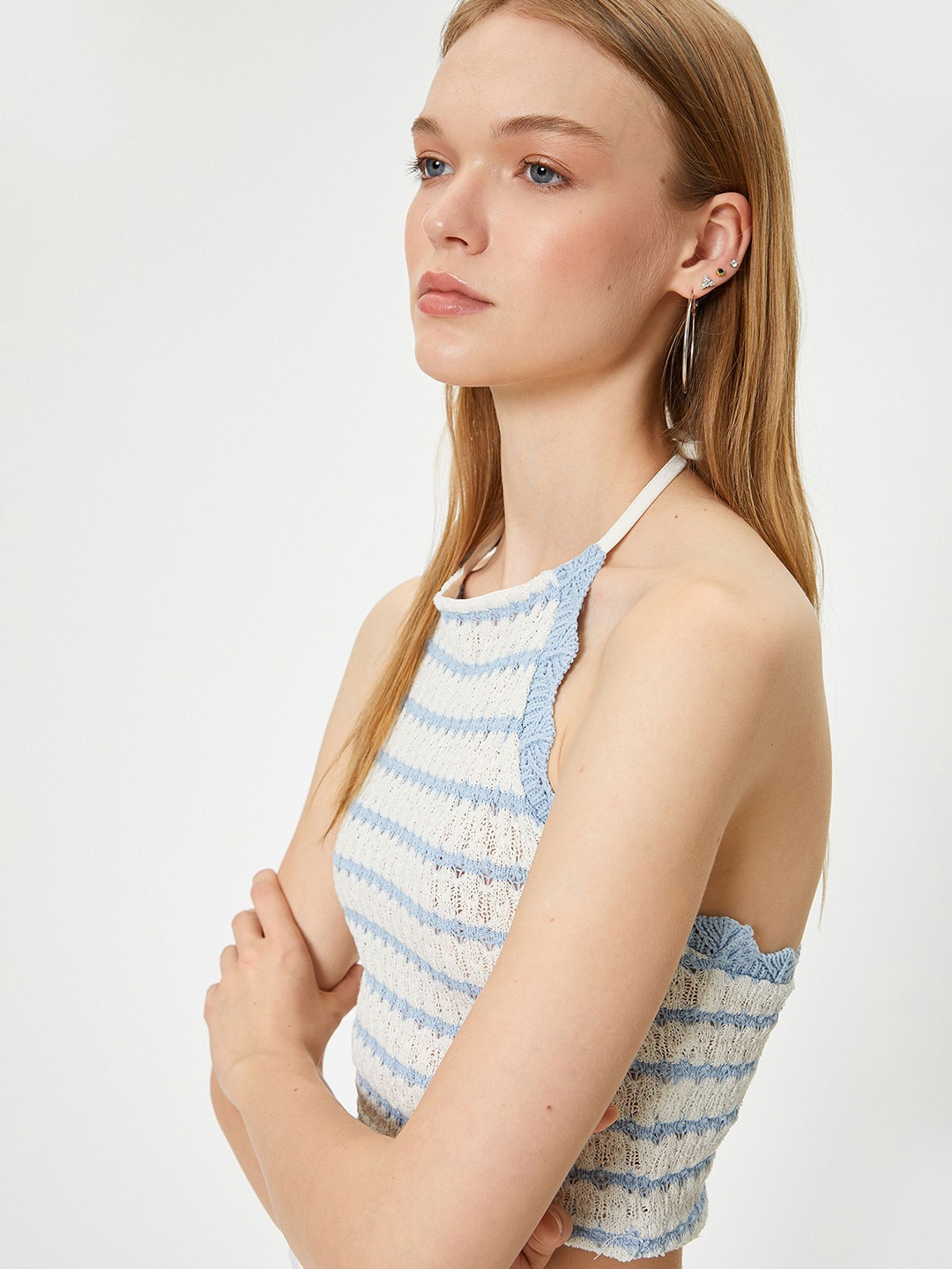 

Koton Self Design Striped Halter Neck Sleeveless Top, Blue