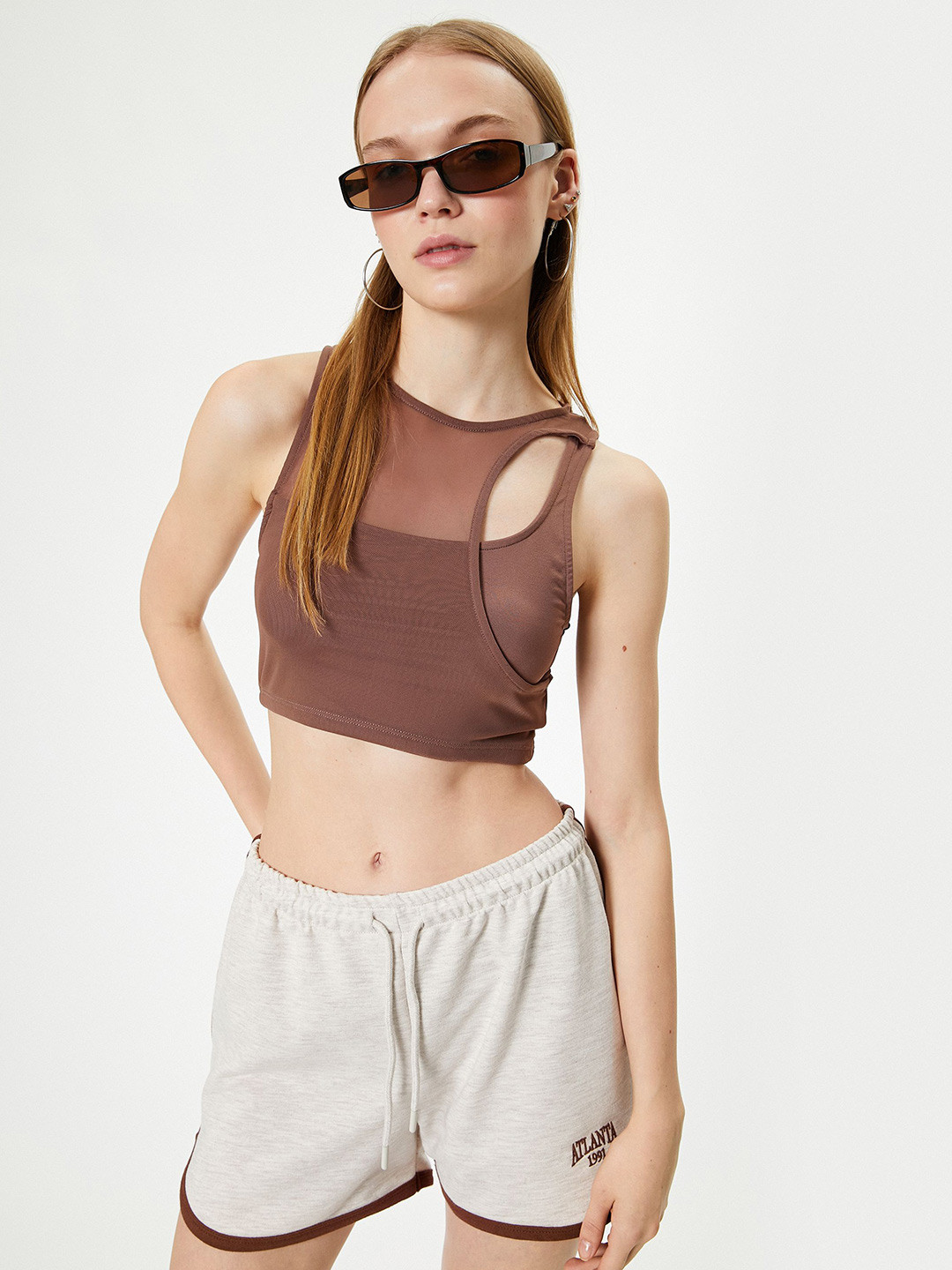 

Koton Solid Round Neck Sleeveless Crop Top, Brown