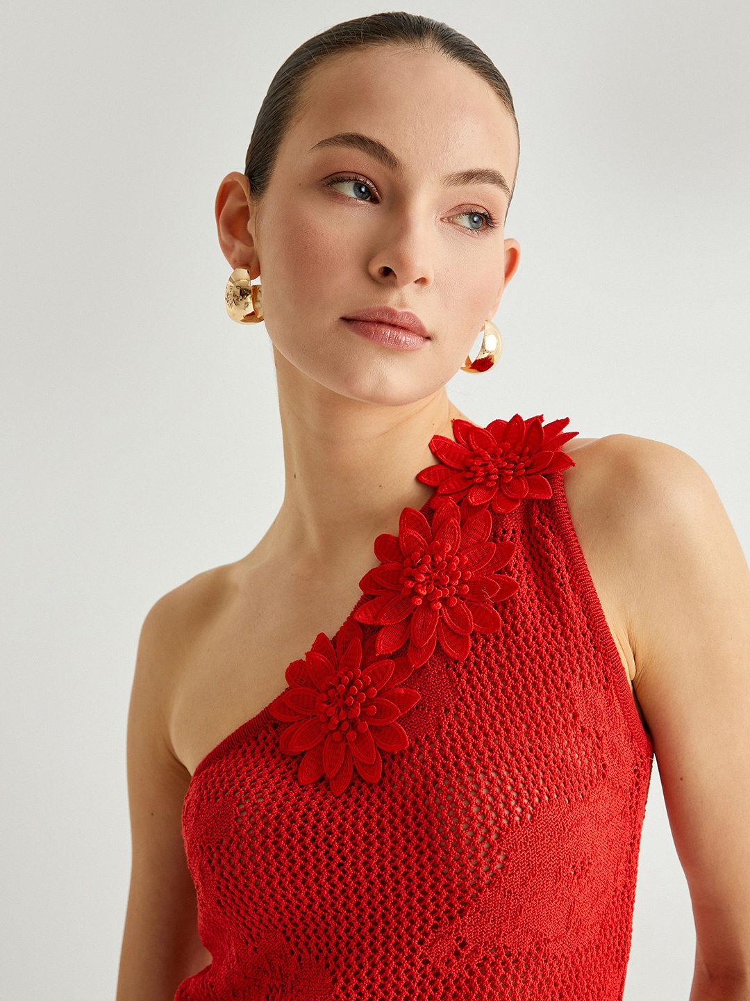

Koton Floral Self Design Sheer One Shoulder Top, Red