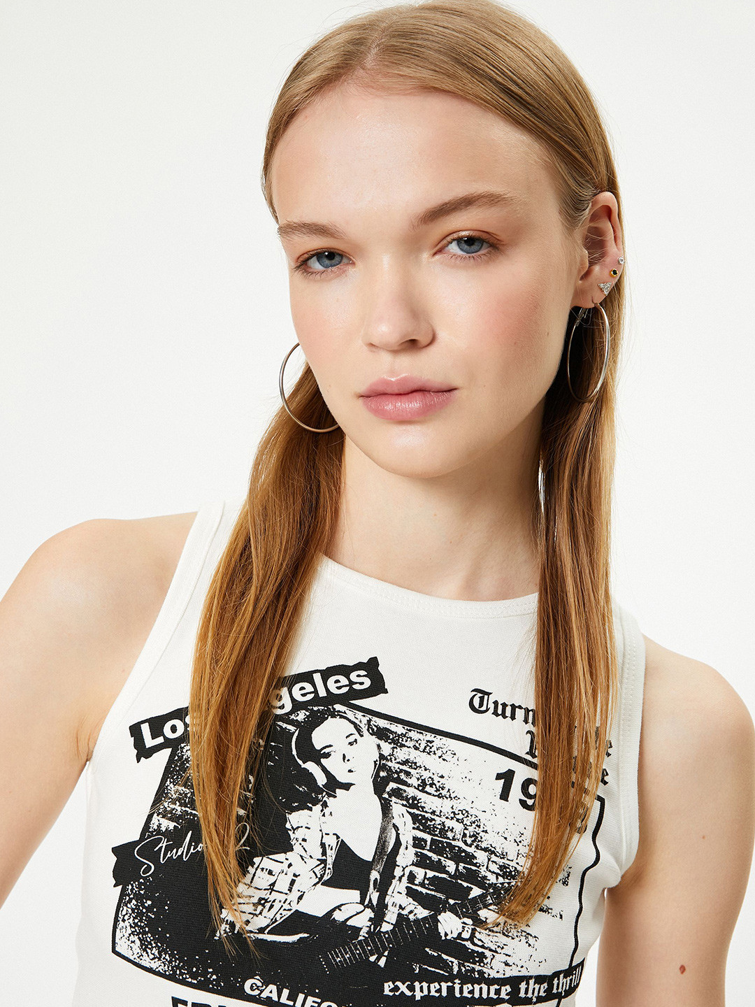 

Koton Graphic Printed Round Neck Sleeveless Cotton Crop Top, Beige