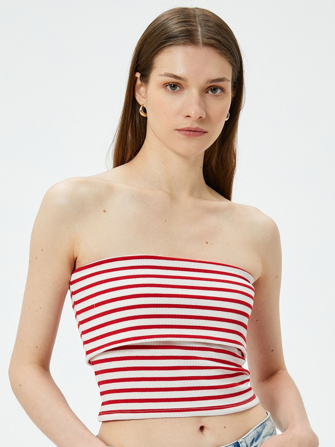 

Koton Striped Strapless Crop Tube Top, Red
