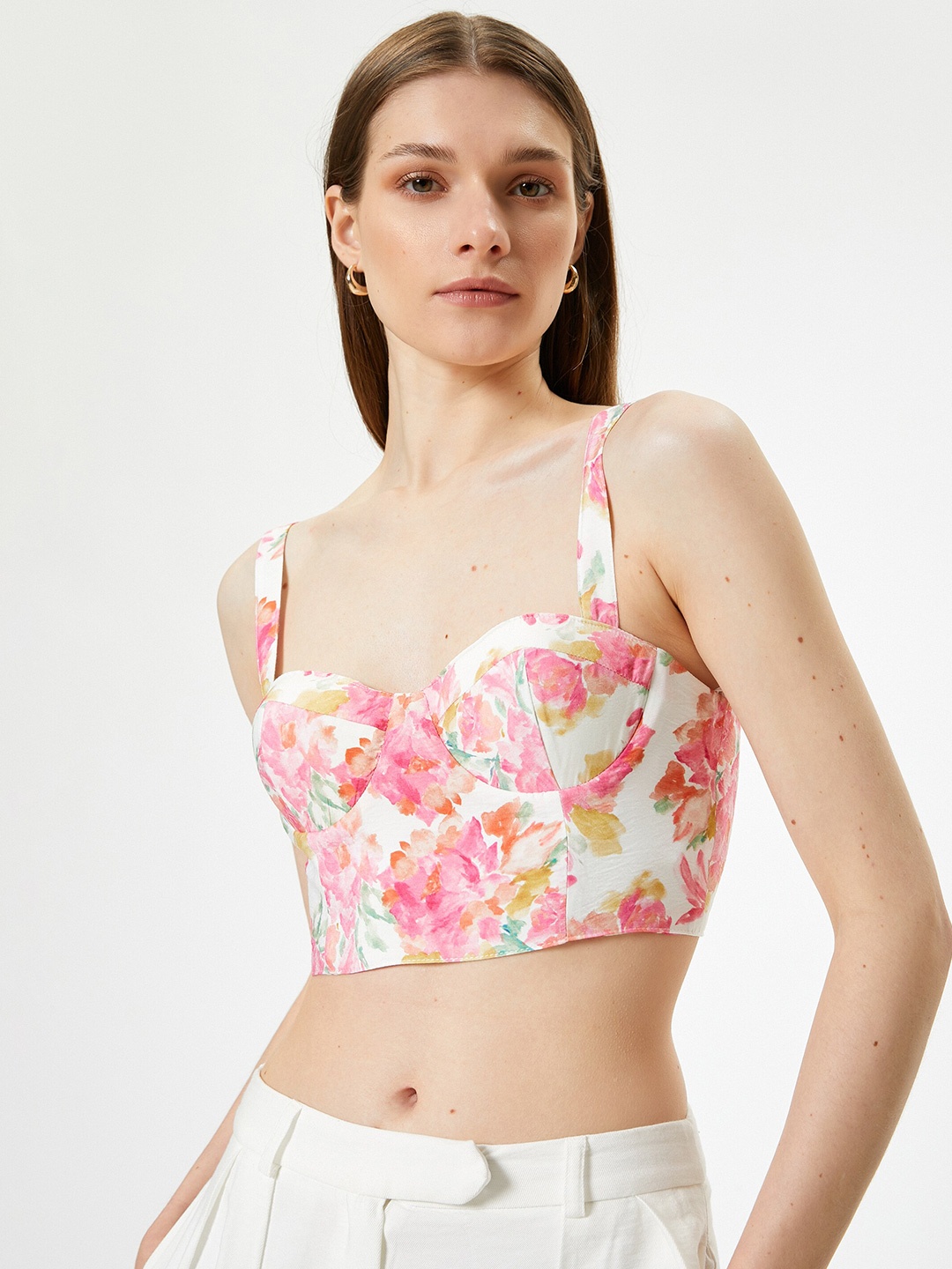 

Koton Floral Printed Bralette Shoulder Straps Crop Top, Pink