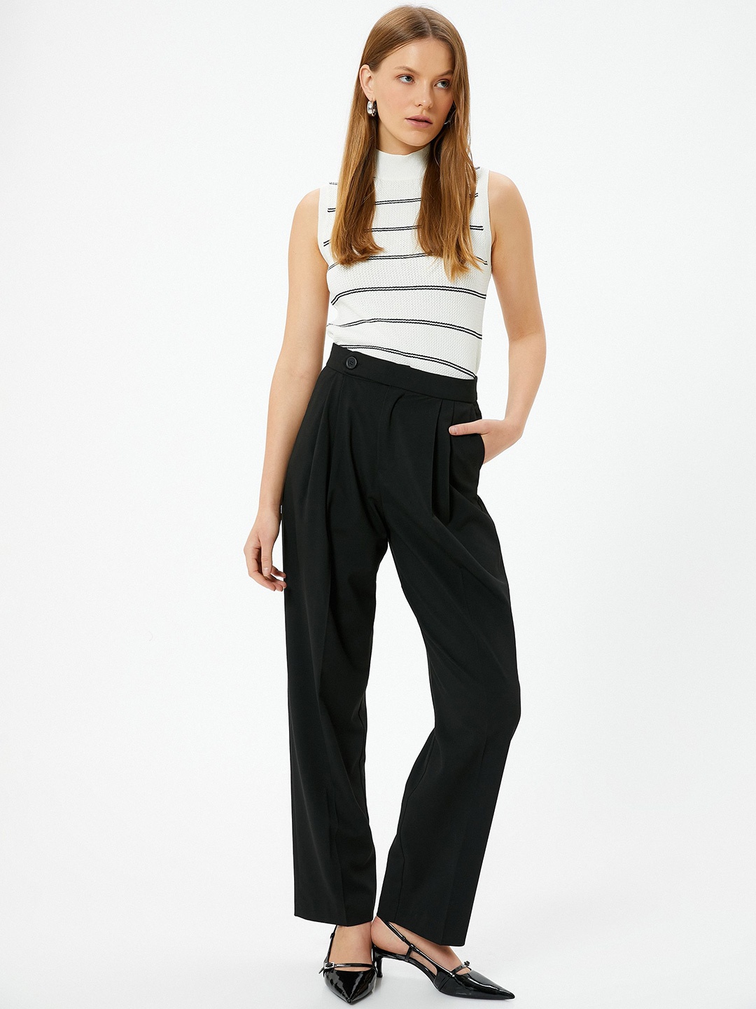 

Koton Self Design Round Neck Striped Sleeveless Top, White