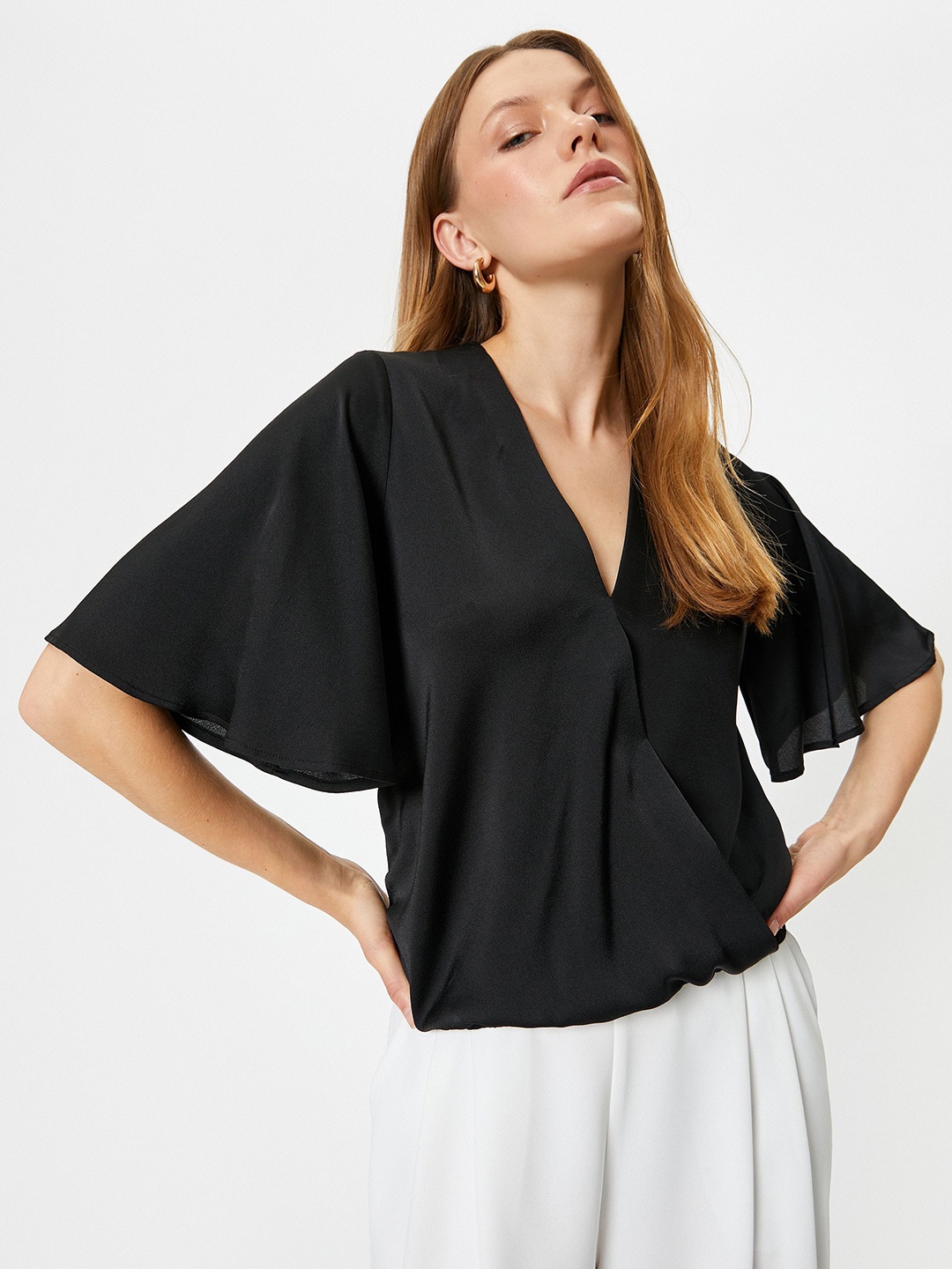 

Koton Solid V-Neck Flared Sleeve Top, Black