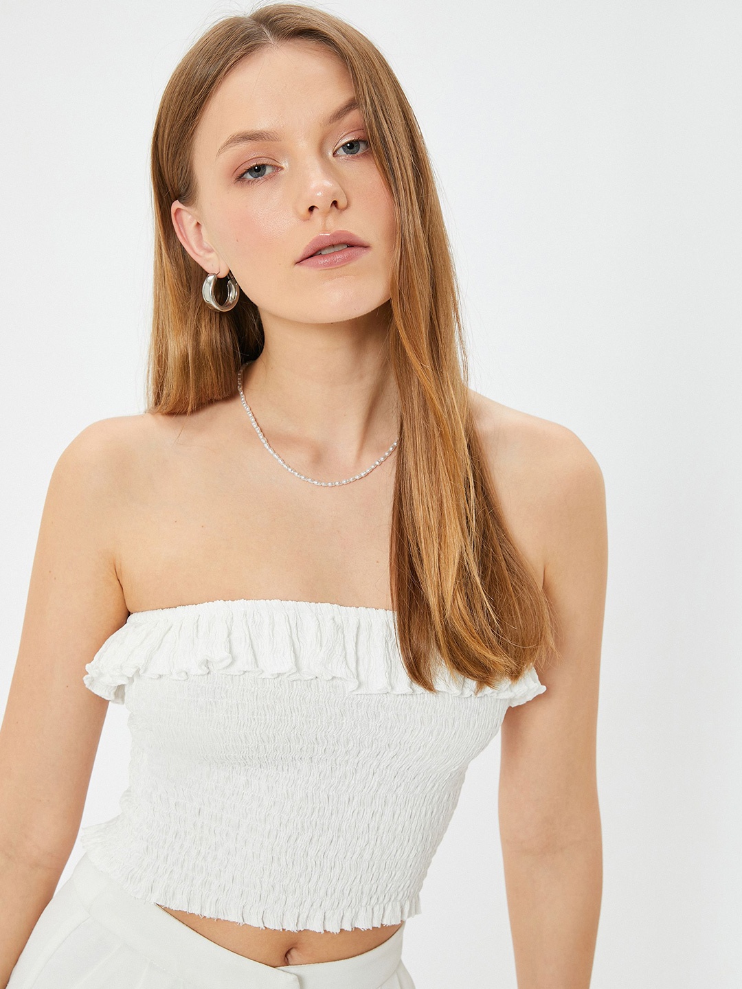 

Koton Solid Smocked Strapless Tube Crop Top, White