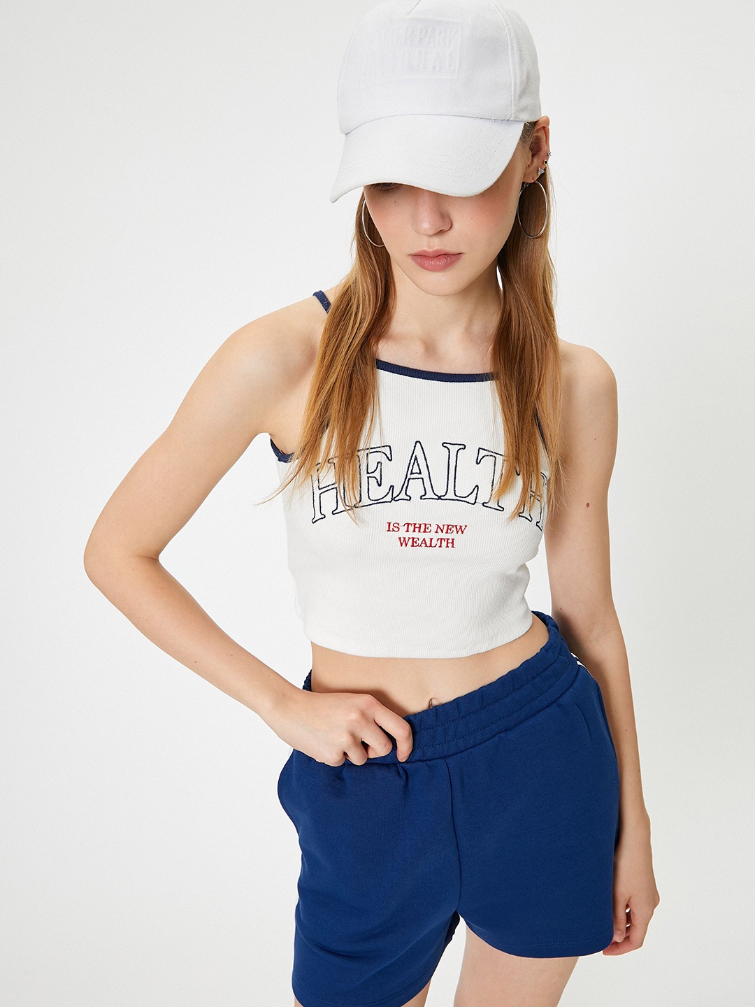 

Koton Typography Embroidered Nautical Round Neck Crop Top, White