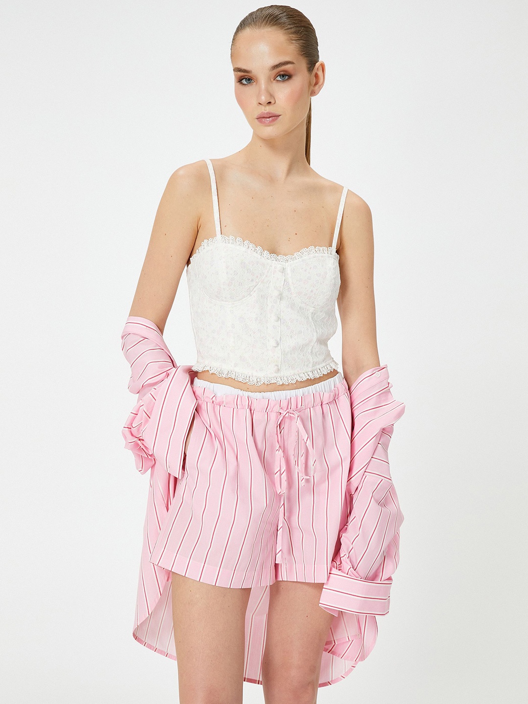 

Koton Self Design Smocking Shoulder Straps Crop Top, White
