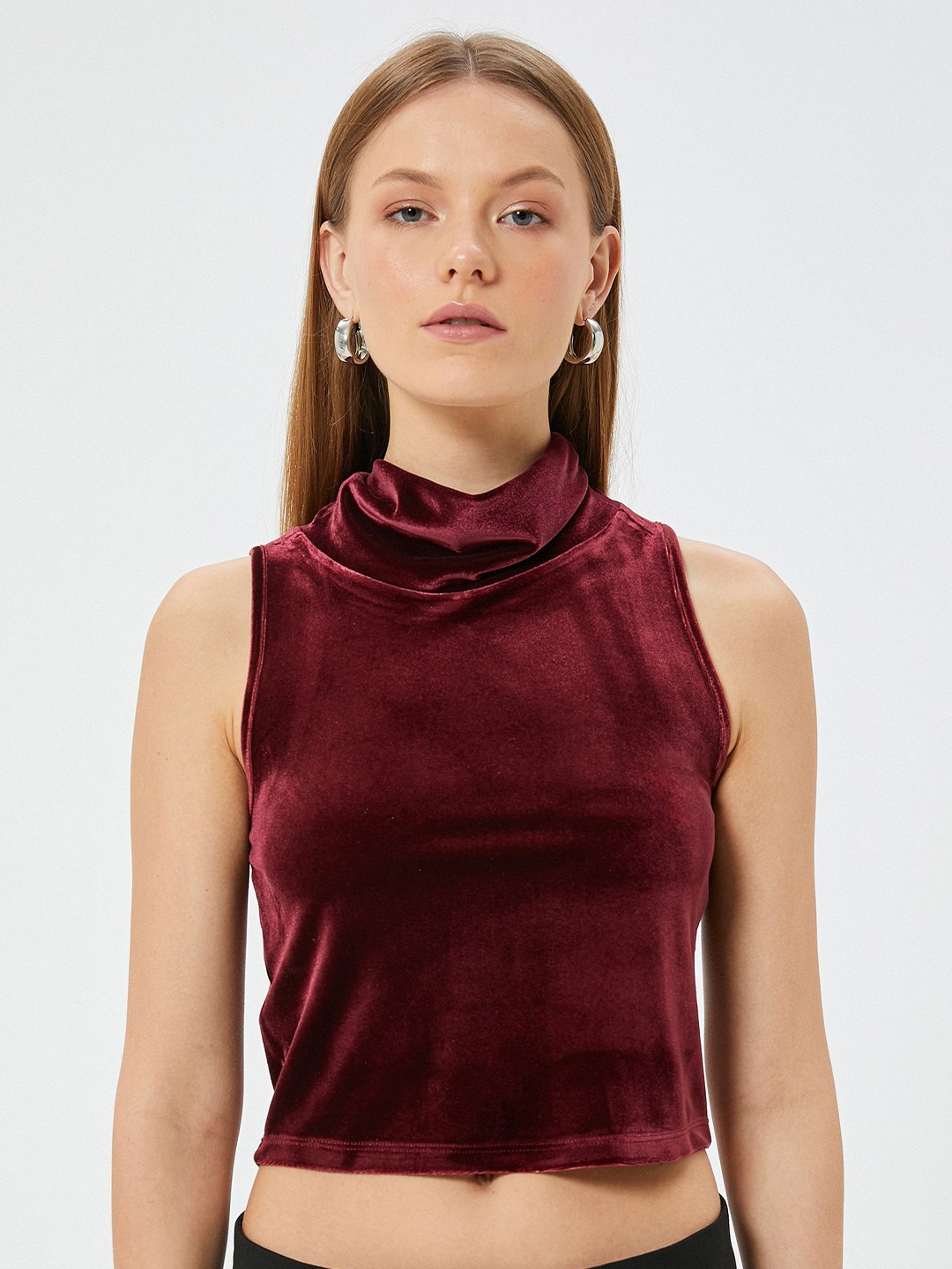 

Koton Solid High Neck Sleeveless Crop Top, Maroon