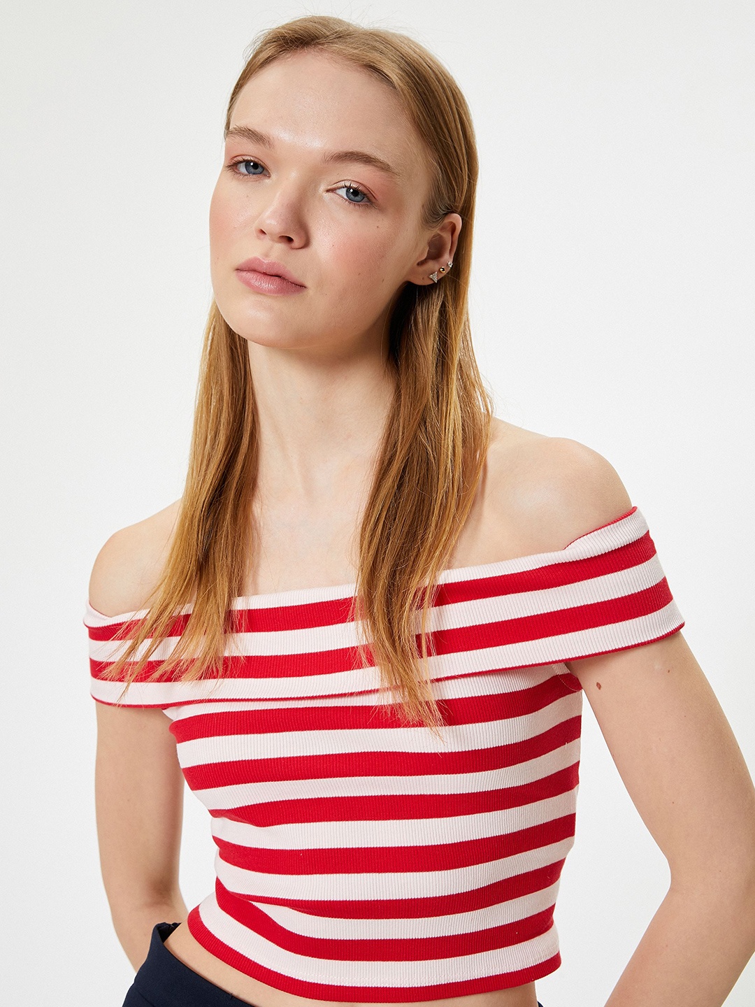 

Koton Striped Off-Shoulder Crop Bardot Top, Red