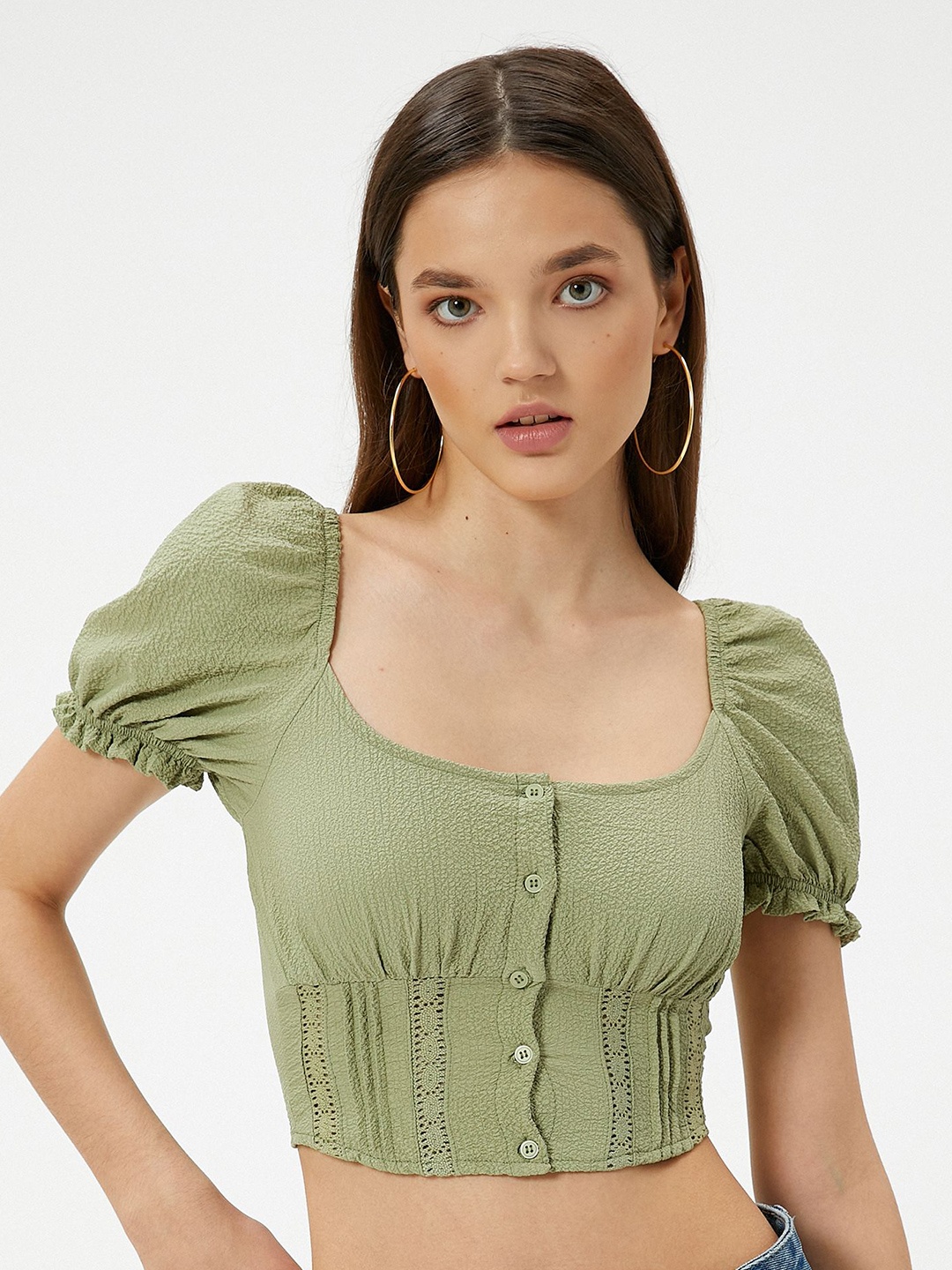 

Koton Solid Smocking Scoop Neck Crop Top, Green