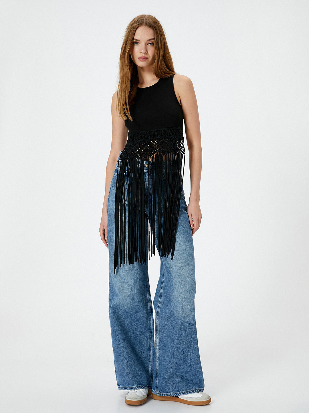 

Koton Solid Self Design Sleeveless Cotton Fringed Top, Black