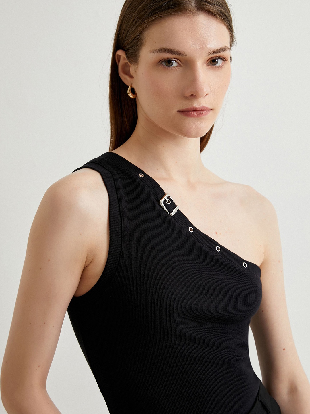 

Koton Solid Knits One Shoulder Cotton Top, Black