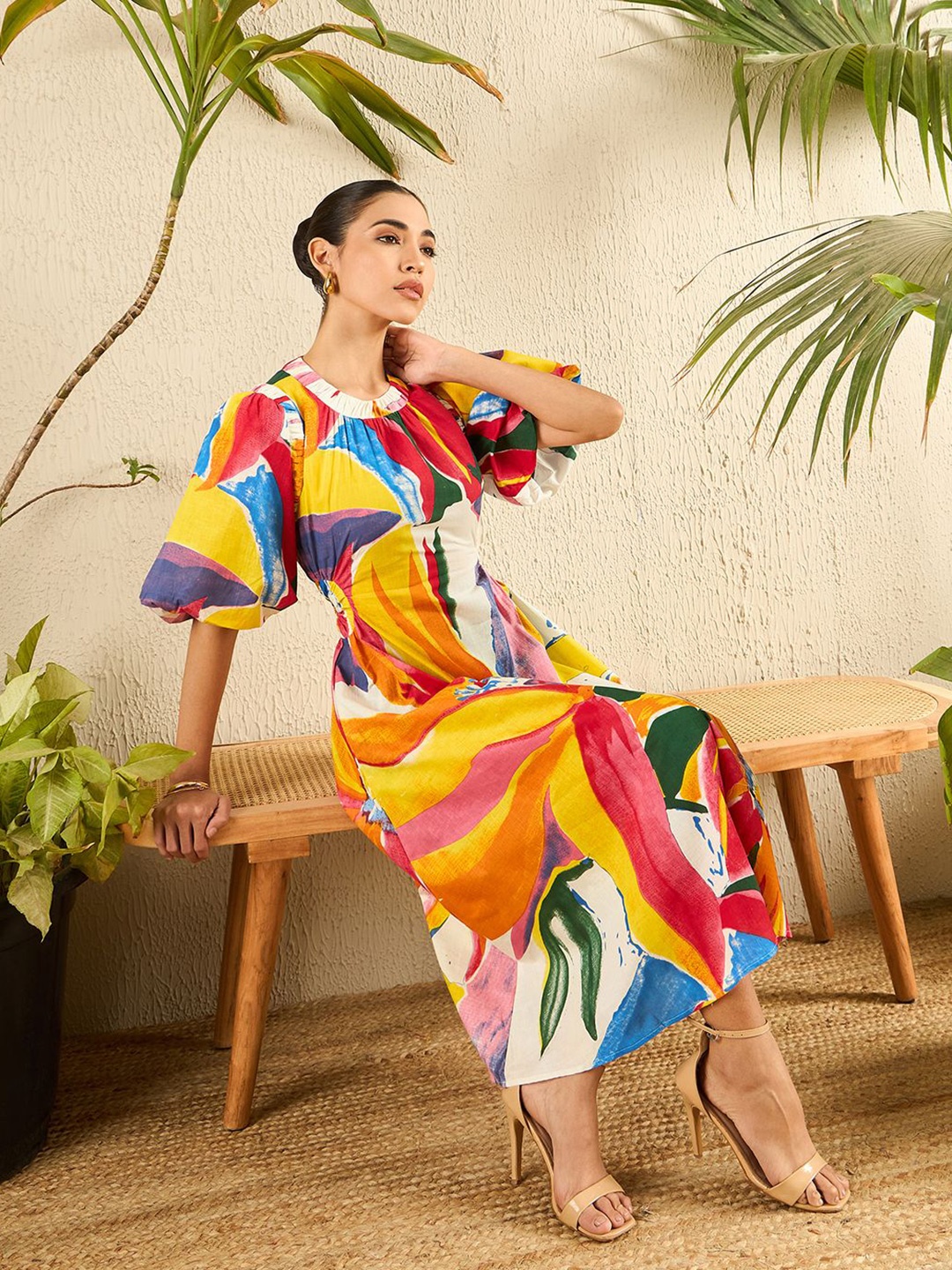 

Uptownie Puff Sleeve Cotton Midi Dress, Multi