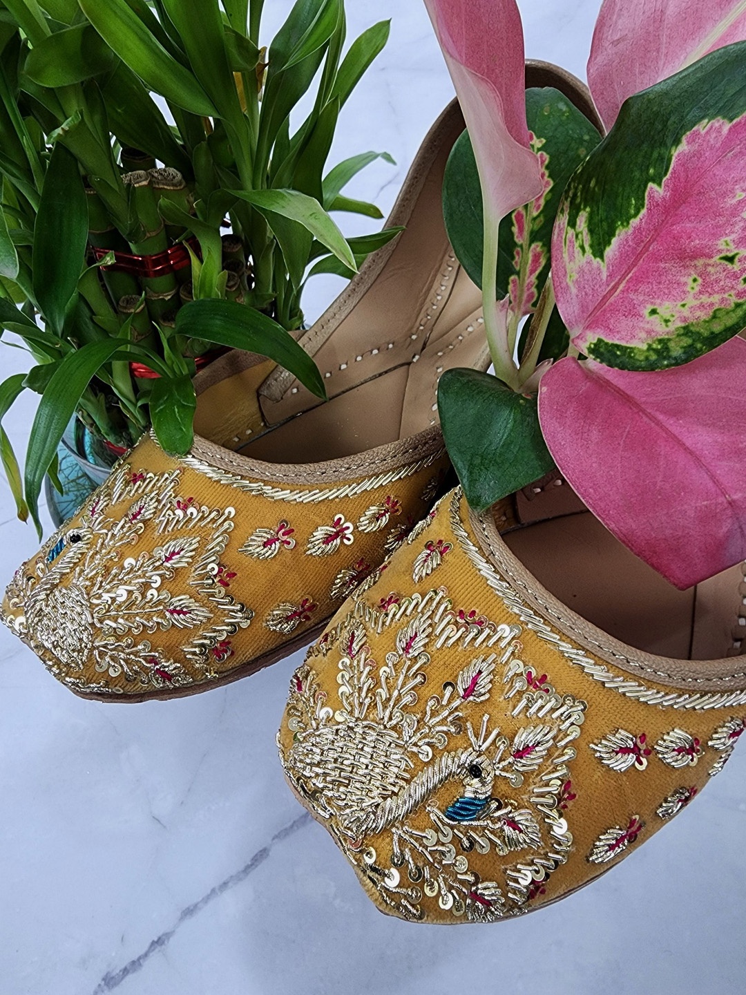 

Fulkari Women Embellished Ethnic Leather Mojaris, Gold