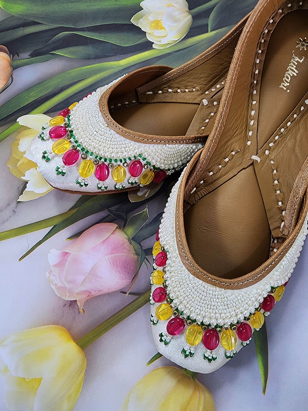 

Fulkari Women Embellished Ethnic Leather Mojaris Flats, Beige