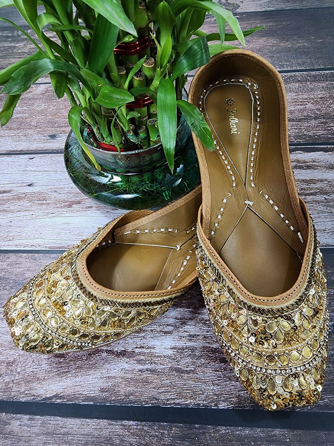 

Fulkari Women Embellished Ethnic Leather Mojaris, Gold