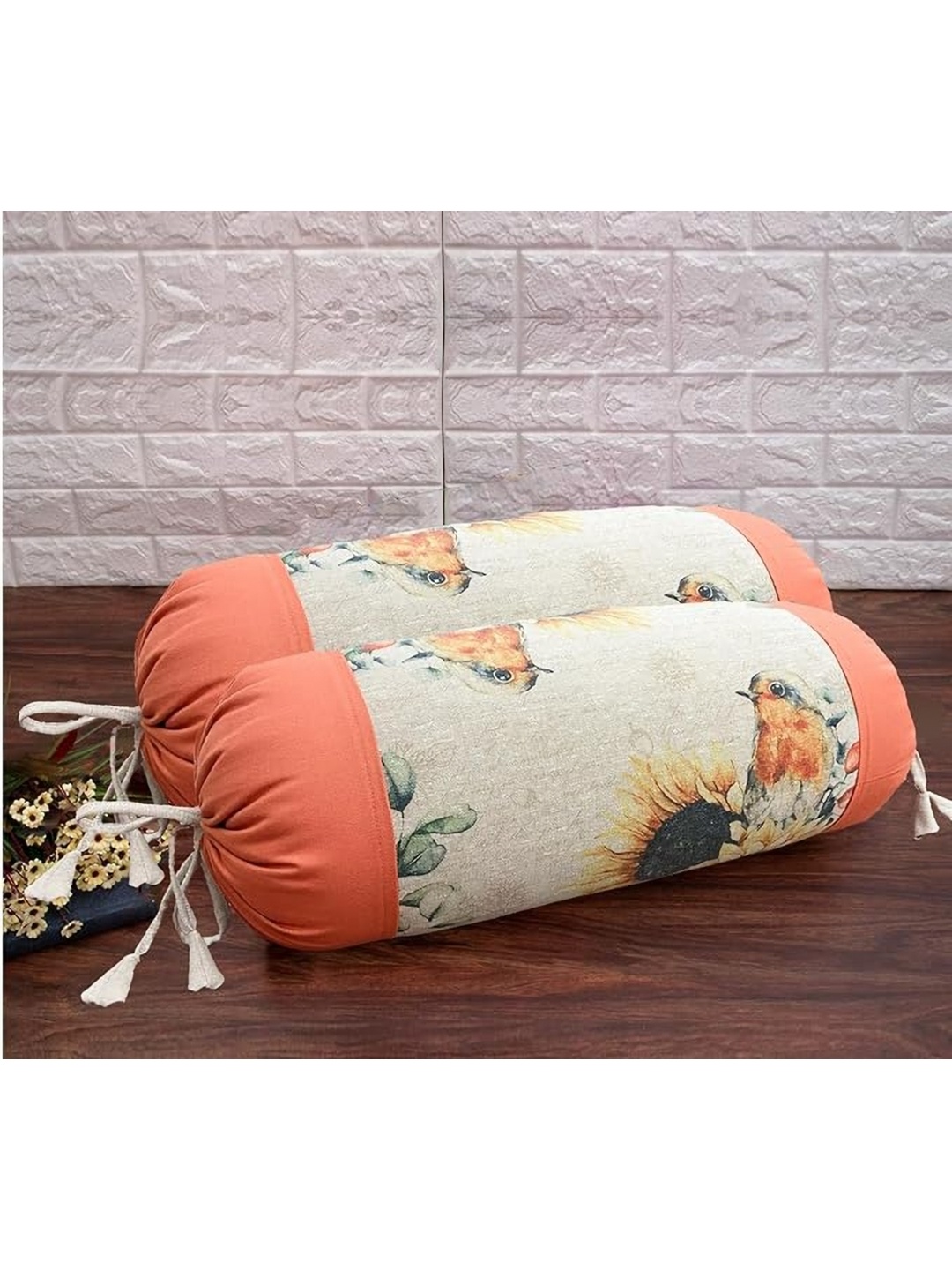 

SAJAVAT 2-Pcs Orange-Coloured & White Printed Pure Cotton Bolster Covers