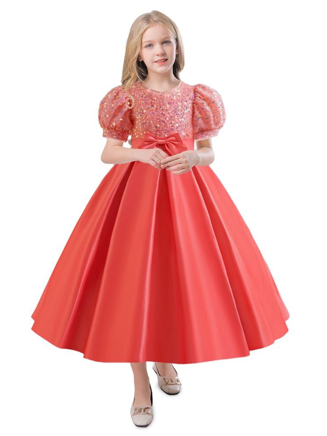 

StyleCast x Revolte Puff Sleeve Applique Fit & Flare Maxi Dress, Red
