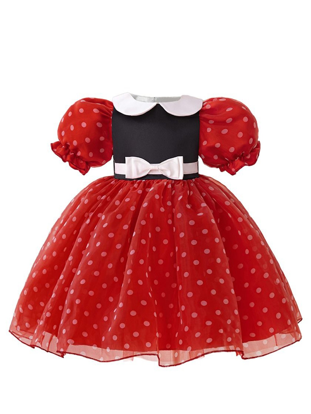 

StyleCast x Revolte Polka Dot Print Peter Pan Collar Puff Sleeve Fit & Flare Dress, Red