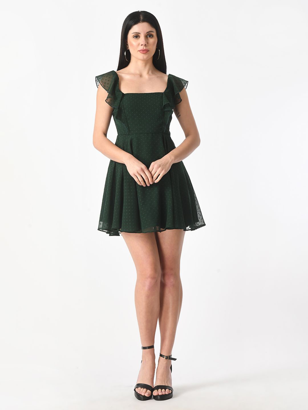 

Tushita Flutter Sleeve Ruffled Georgette Fit & Flare Mini Dress, Green