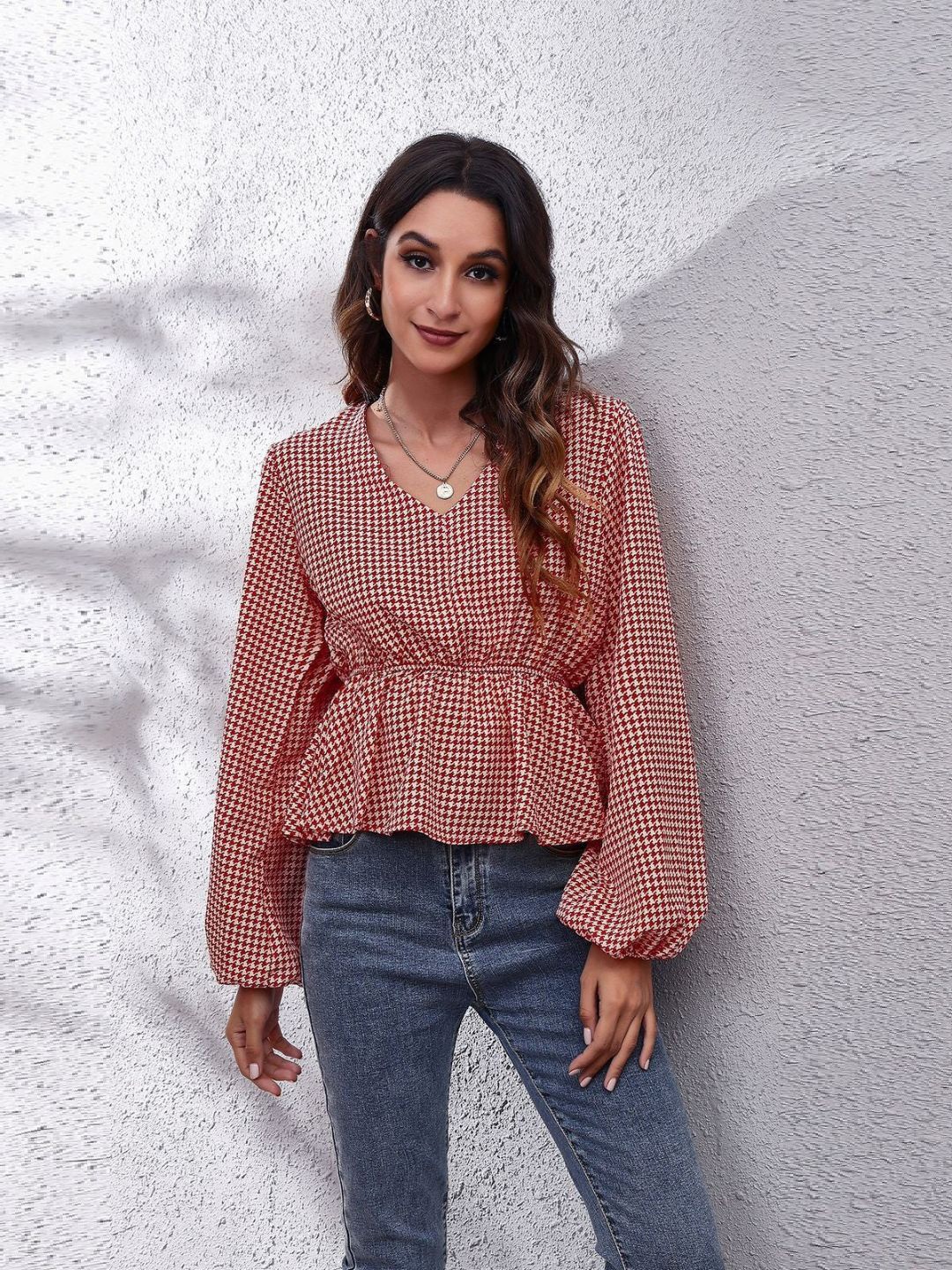 

4WRD by Dressberry Checked Cinched Waist Top, Red
