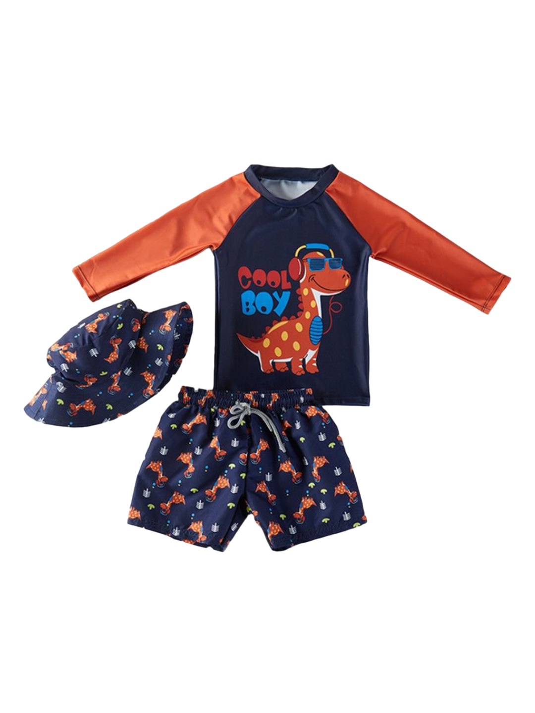 

StyleCast x Revolte Boys Printed Medium Coverage Swim Set With Cap, Navy blue