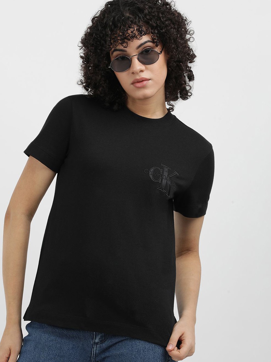 

Calvin Klein Women Henley Neck Extended Sleeves Monochrome Pockets T-shirt, Black