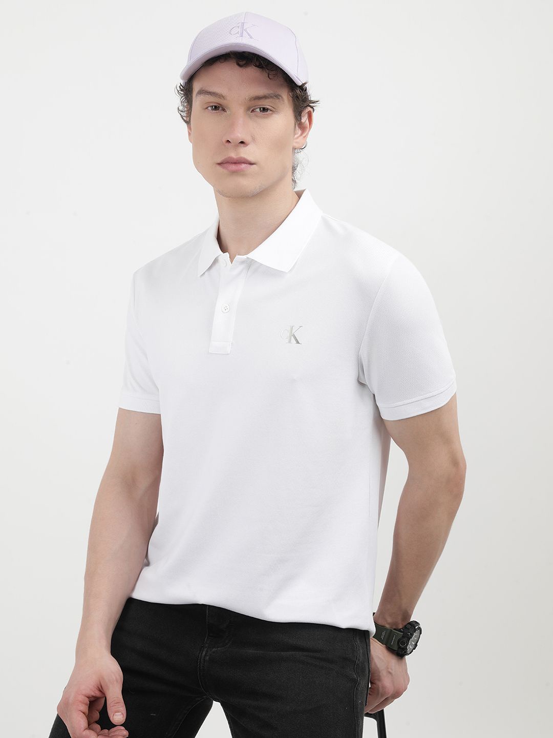 

Calvin Klein Men Polo Collar Applique T-shirt, White