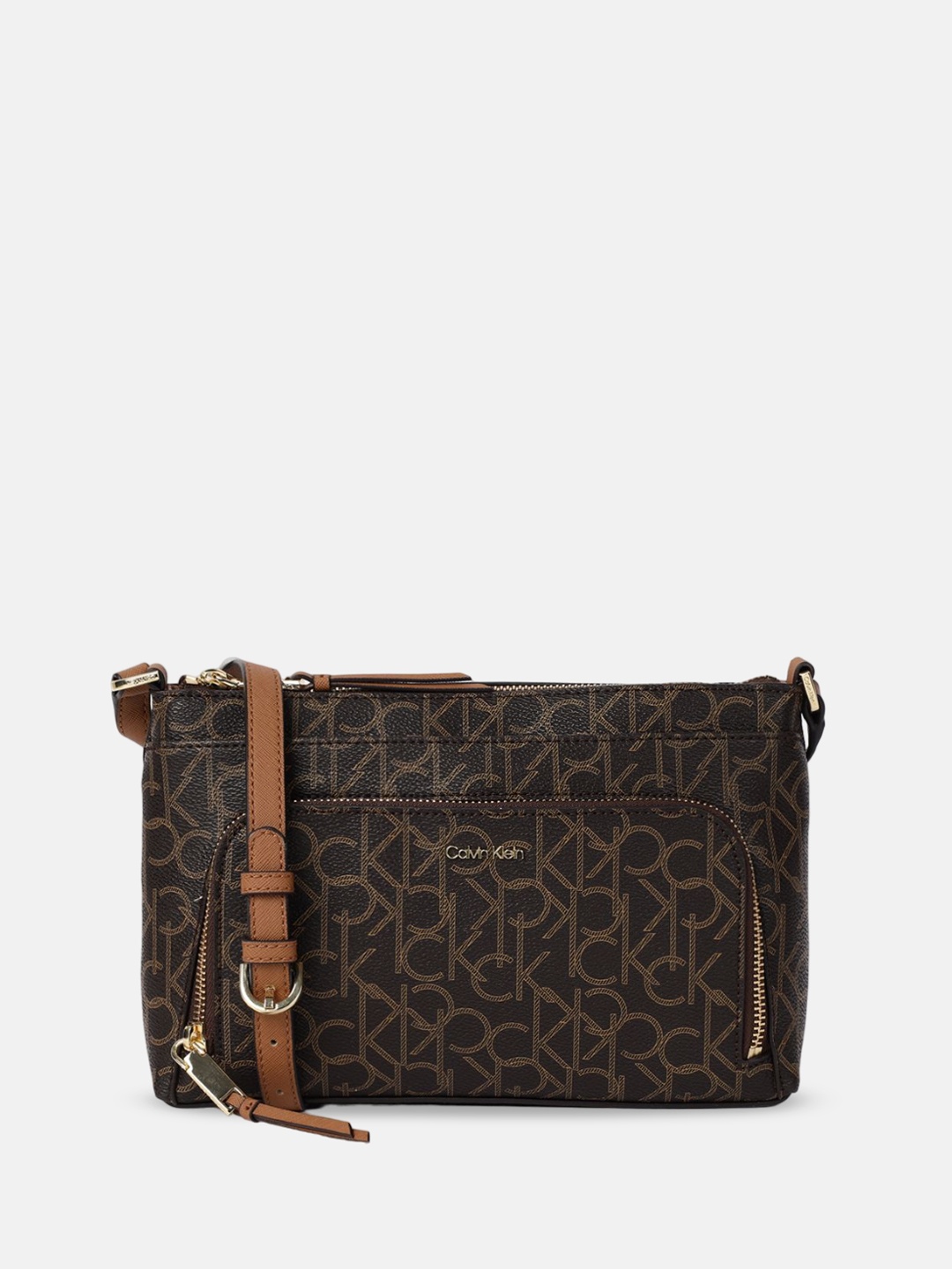 

Calvin Klein Printed Structured Sling Bag with Applique, Brown