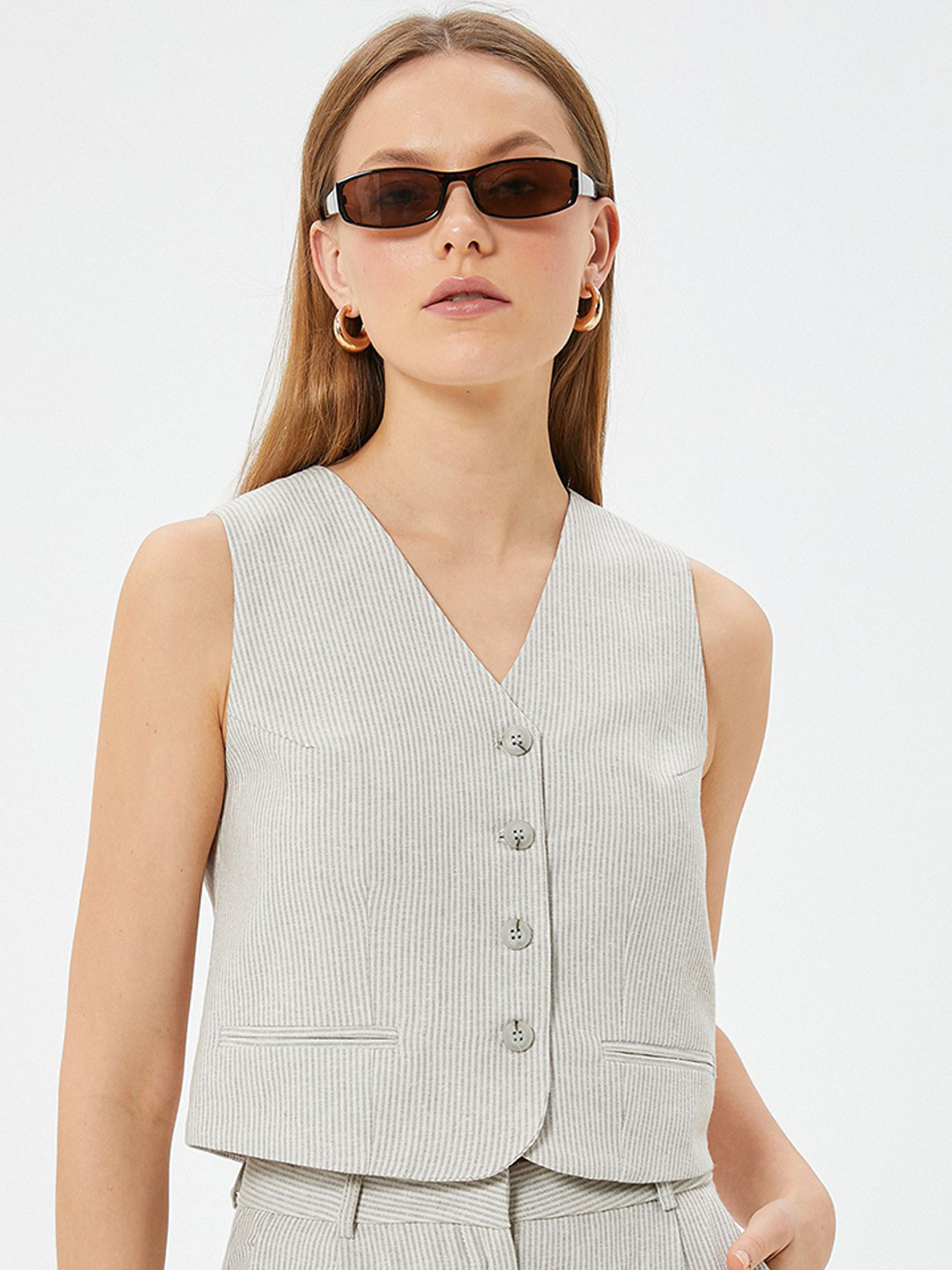 

Koton V-Neck Striped Waistcoat, Beige