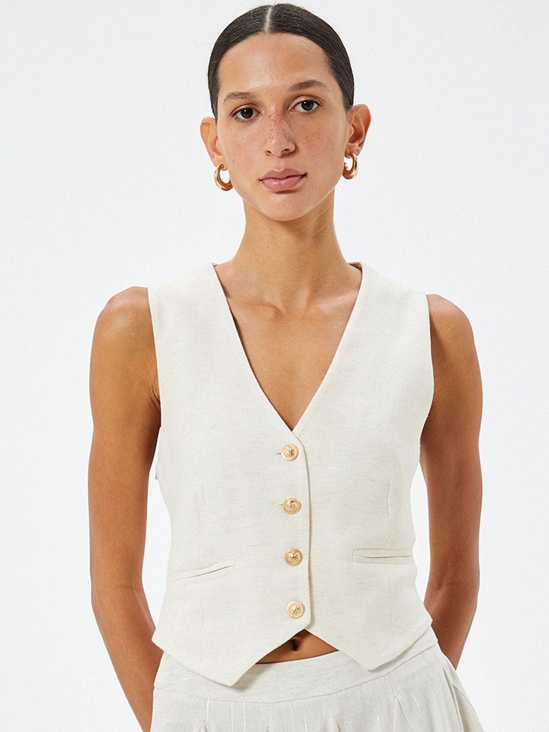 

Koton Woven Design V-Neck Sleeveless Waistcoat, Beige