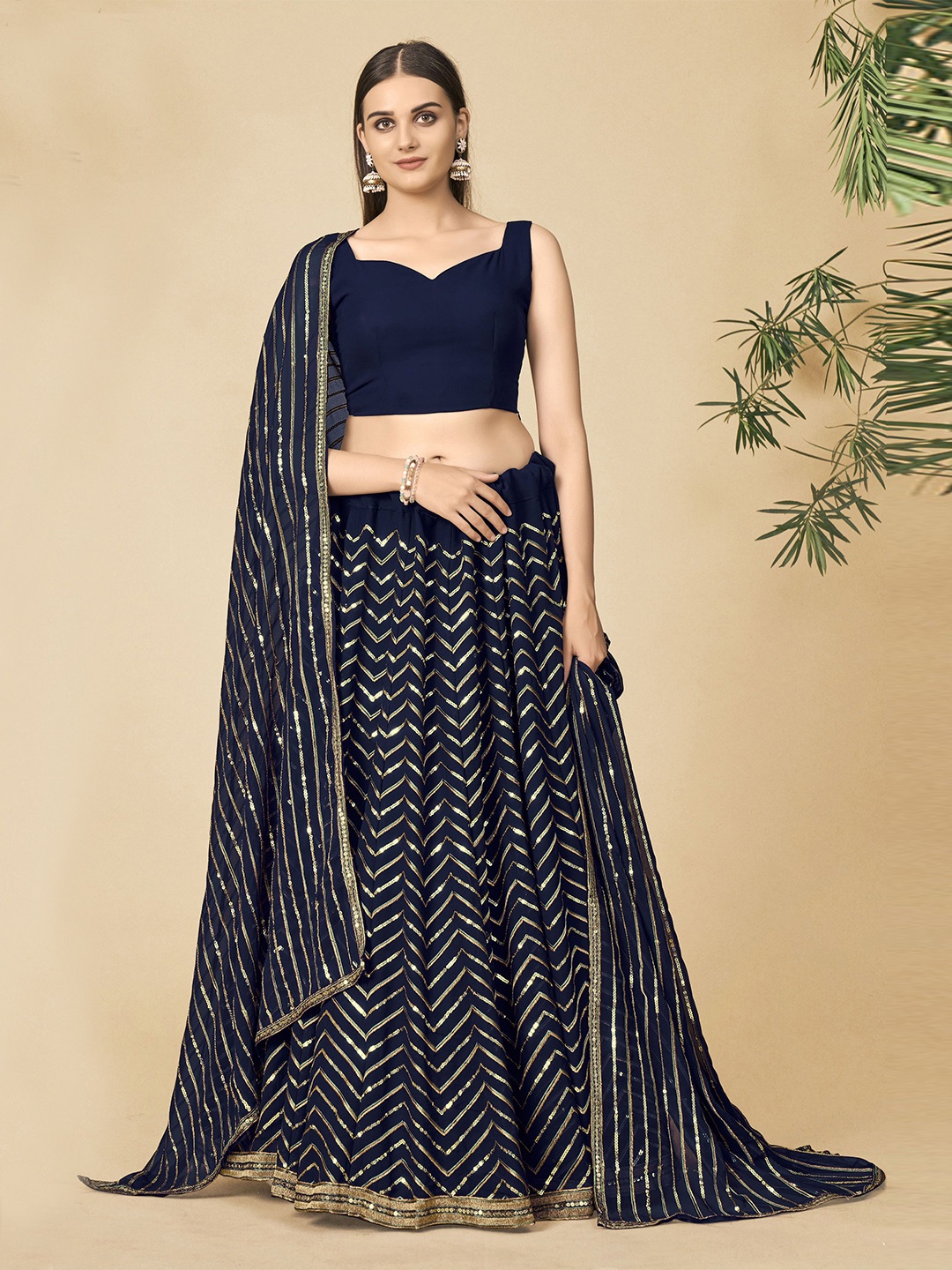 

Fusionic Sequinned Semi-Stitched Lehenga & Unstitched Blouse With Dupatta, Navy blue