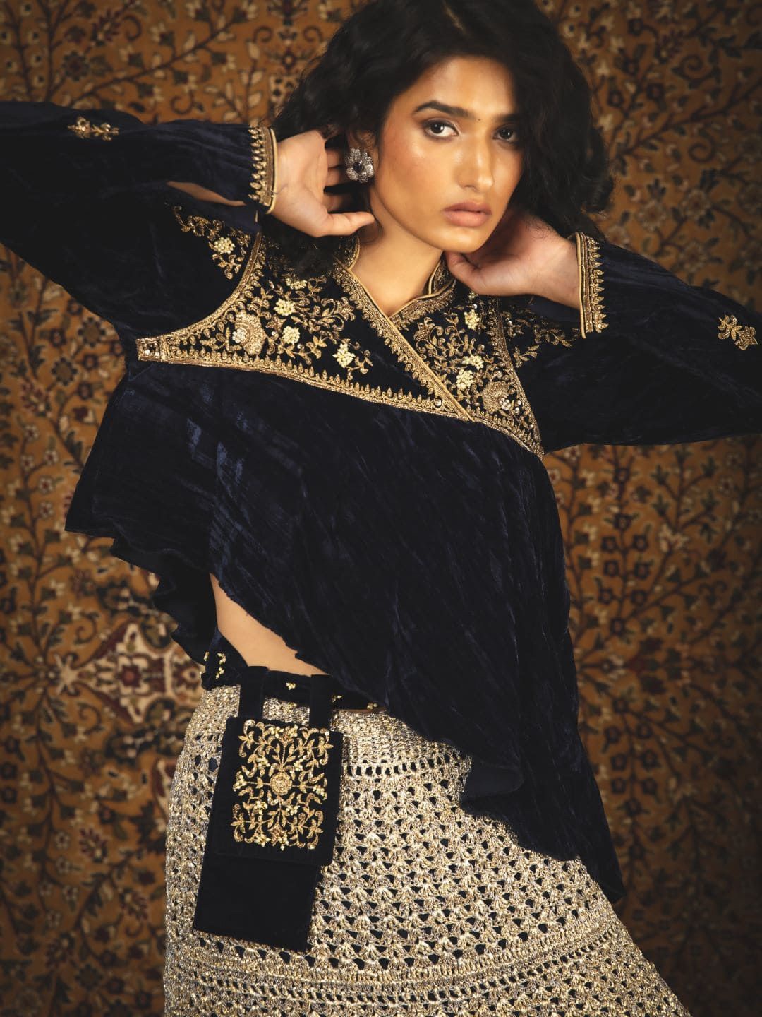 

Nikita Vishakha Embroidered Sequinned Made to Measure Lehenga & Blouse With Dupatta, Navy blue